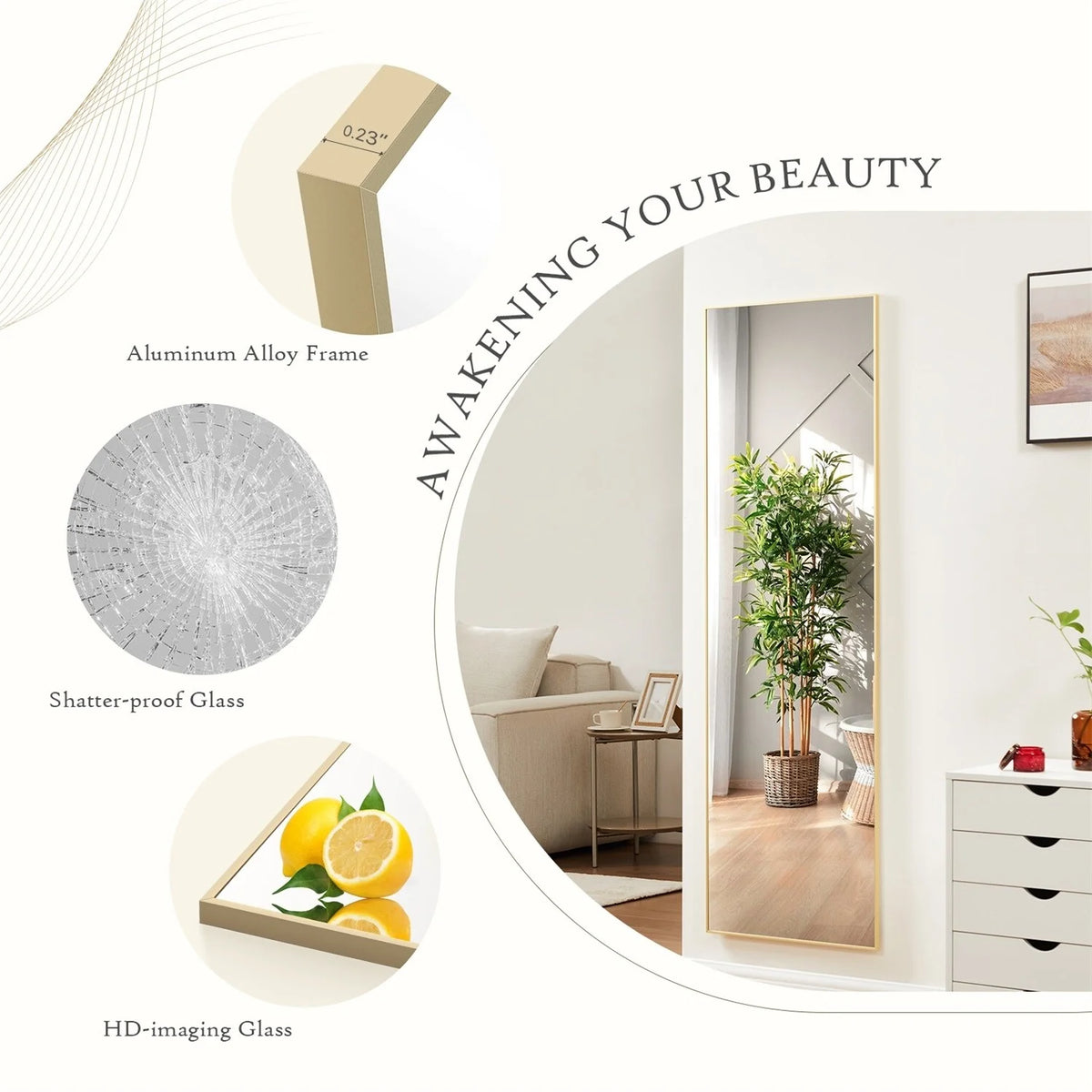 Full Length Mirror with Stand, Aluminum Alloy Frame Full Body Floor Mirror for Bedroom and Cloakroom
