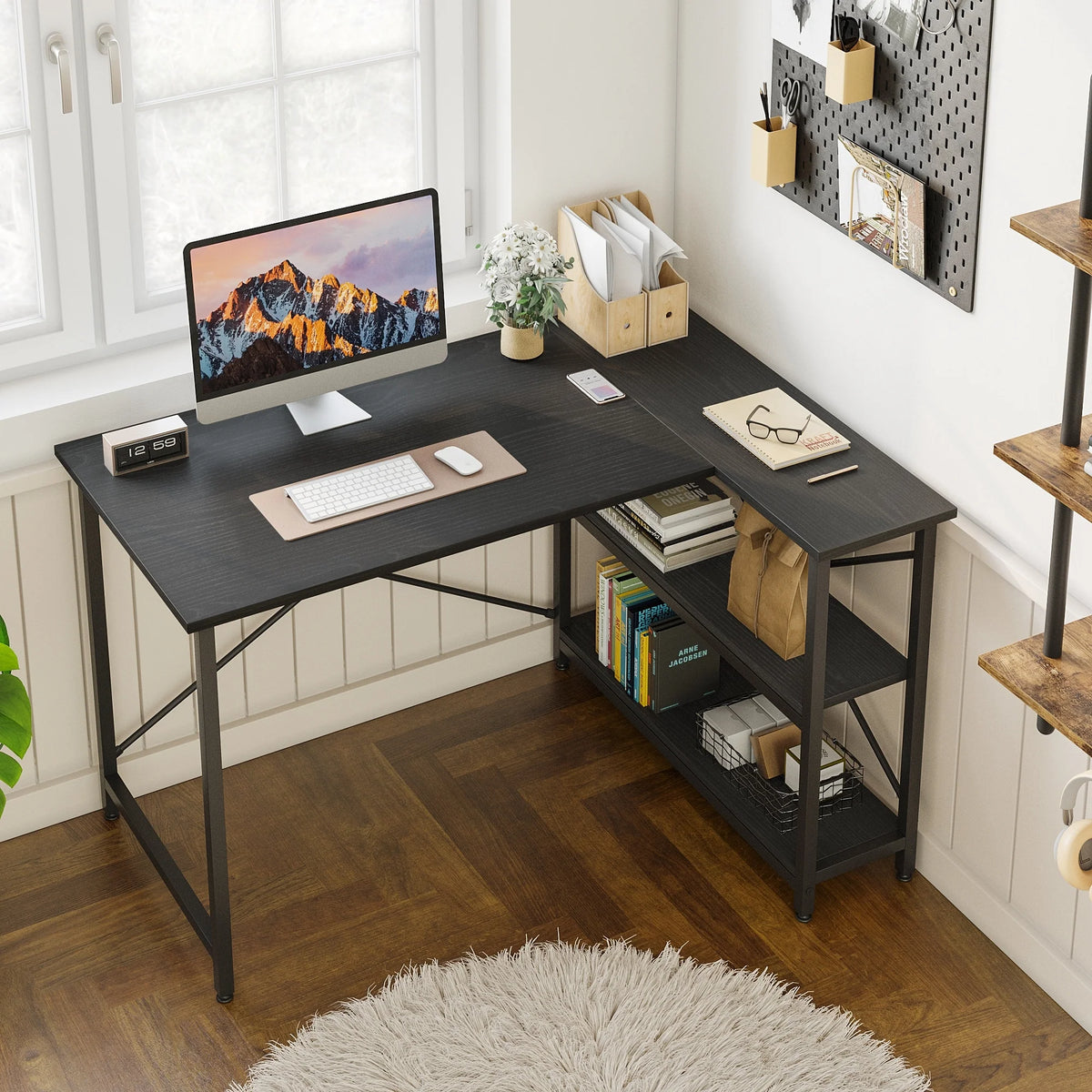 Small L Shaped Computer Desk with Storage Shelves, Compact Corner Workstation for Home Office and Study