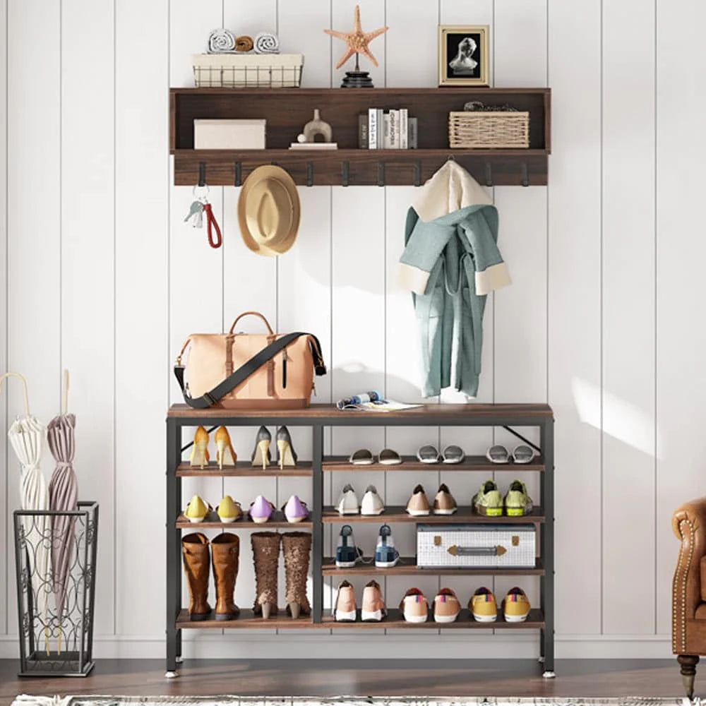 Entryway Coat Rack and Shoe Bench Set, Industrial Hall Tree with Coat and Shoe Storage