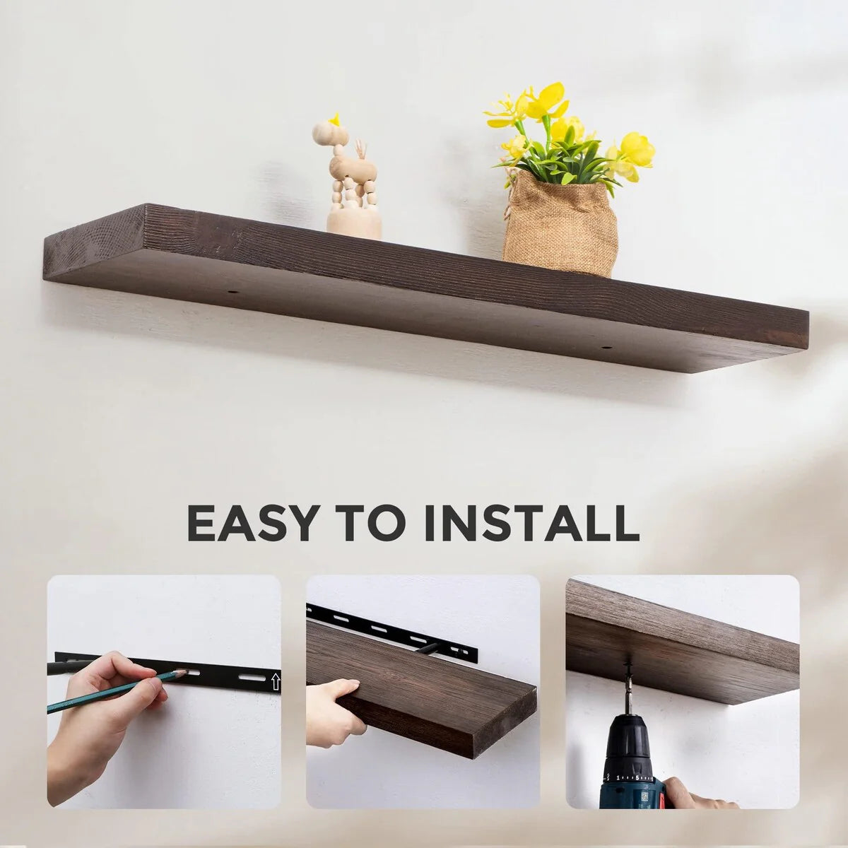 Set of 2 Handcrafted European Pine Floating Wall Shelves, Natural Rustic Wood