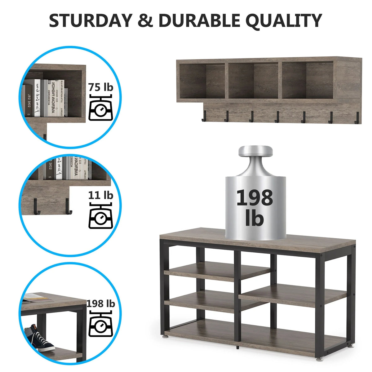 Entryway Coat Rack and Shoe Bench Set, Industrial Hall Tree with Coat and Shoe Storage