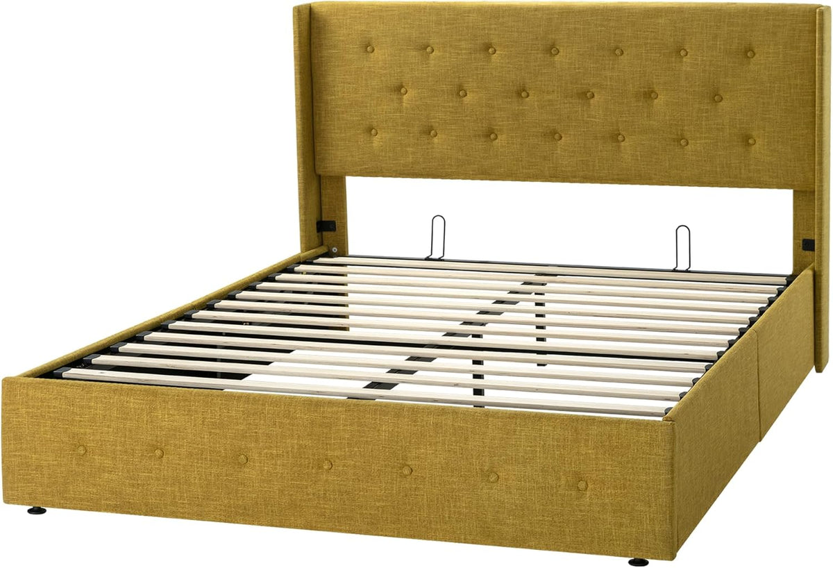 Queen Size Lift Up Storage Bed with Wingback Headboard, Upholstered Platform Bed Frame with Hidden Storage