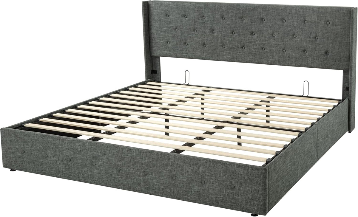 Queen Size Lift Up Storage Bed with Wingback Headboard, Upholstered Platform Bed Frame with Hidden Storage