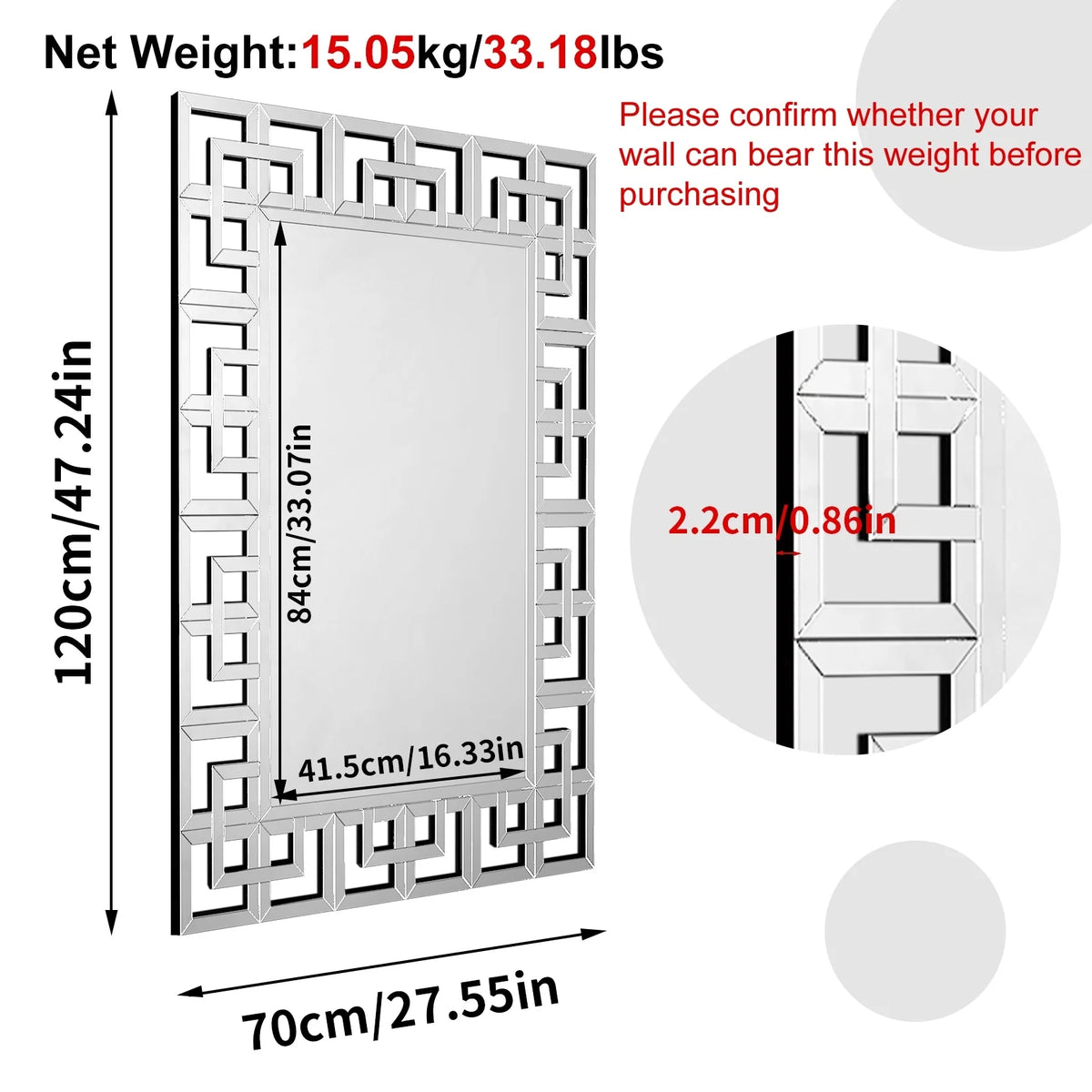 Large Silver Geometric Wall Mirror, Modern Decorative Accent Mirror for Living Room, Bedroom and Entryway