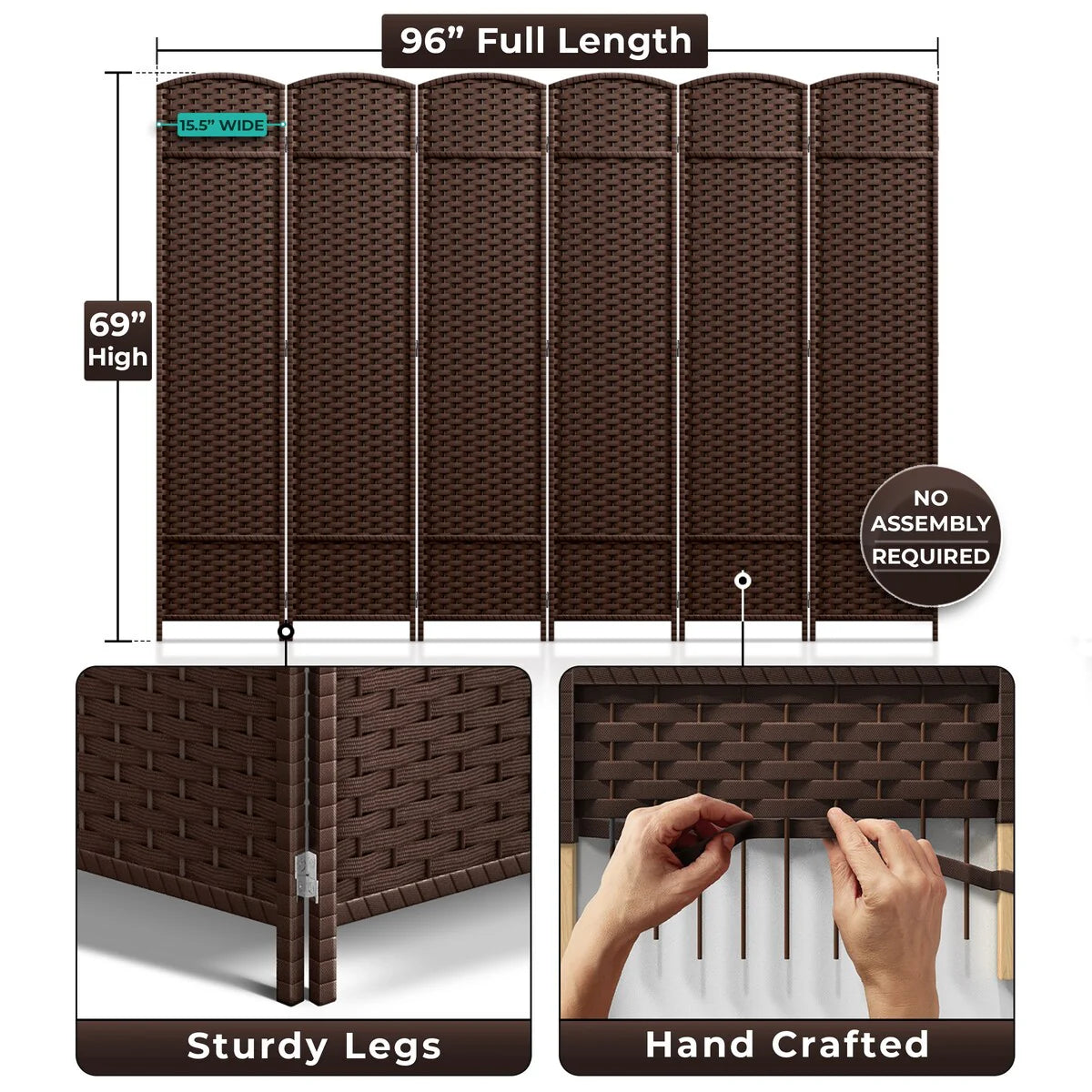 6 Panel Room Divider, 6ft Tall Extra Wide Folding Privacy Screen with Hand-Woven Mesh Panels