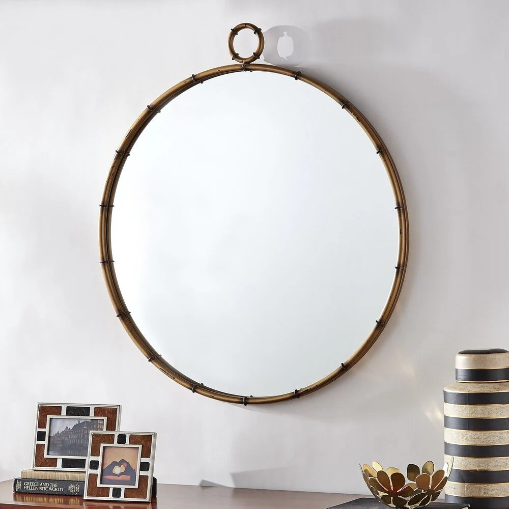 Antique Brass Finish Round Wall Mirror, Decorative Accent Mirror for Living Room, Bedroom and Entryway