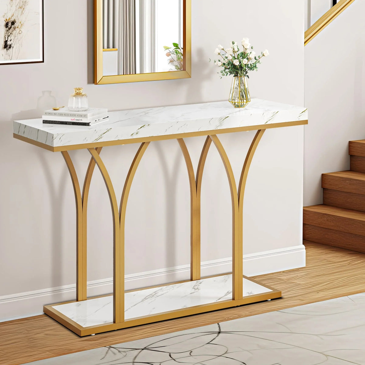 Modern Gold Console Table with Marbled Top, Sofa Table for Entryway and Hallway