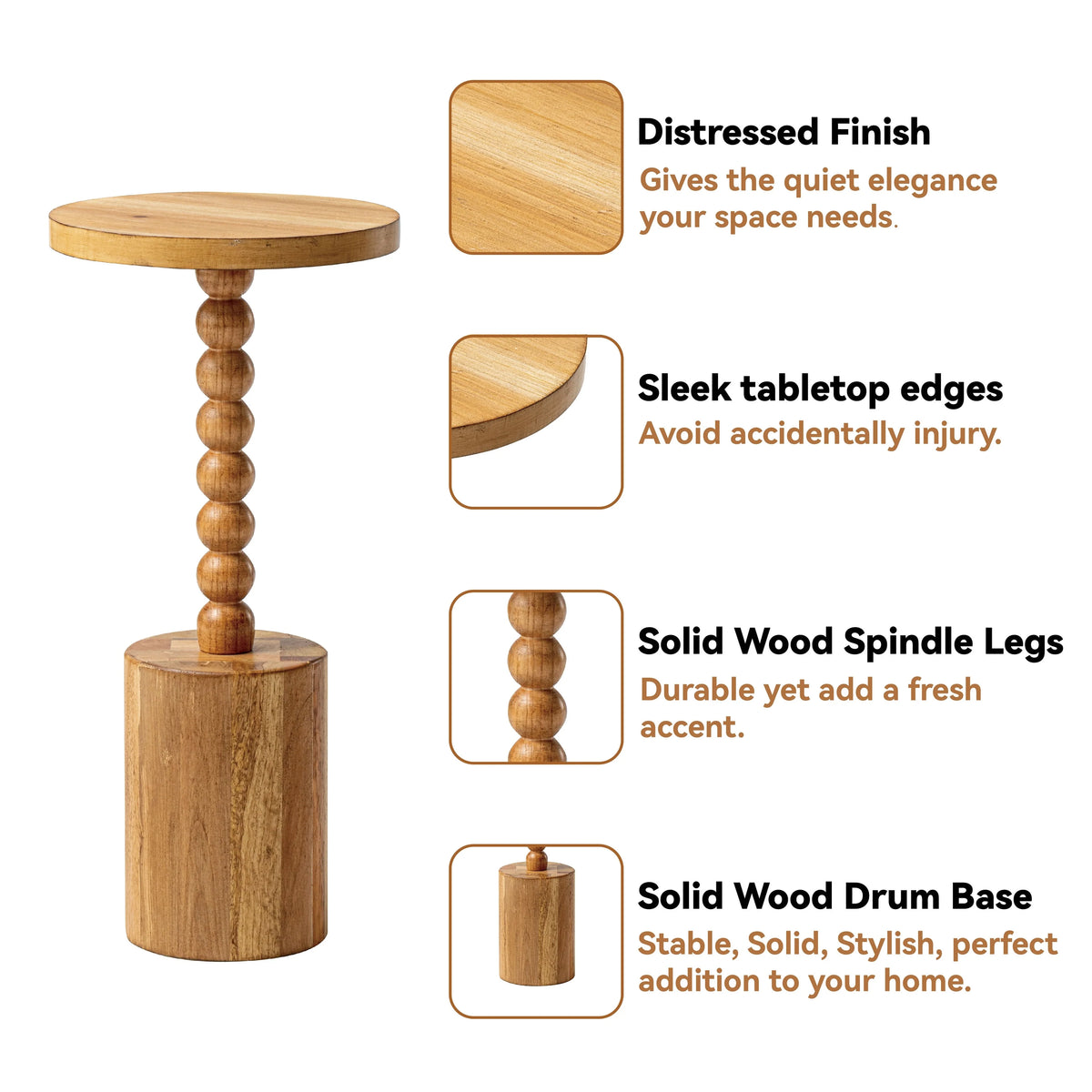Wood Pedestal End Table, Round Martini Drink Table for Small Spaces, Living Room and Bedroom