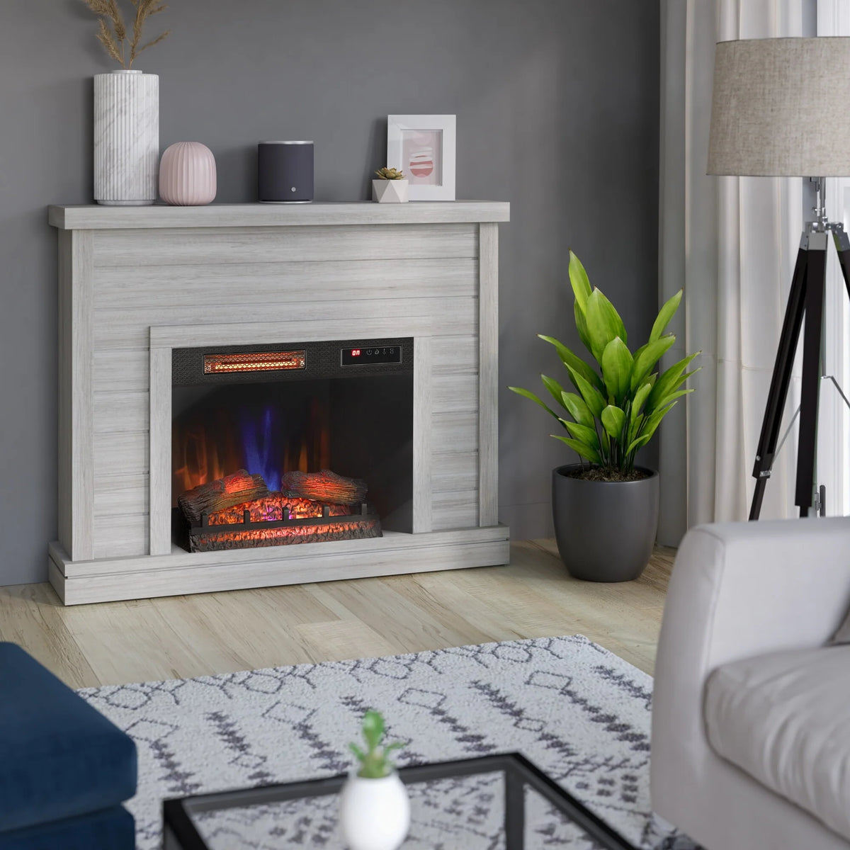 52" Shiplap Wall Fireplace Mantel, Modern Electric Fireplace with 3D Flame Effect Insert for Home Decor