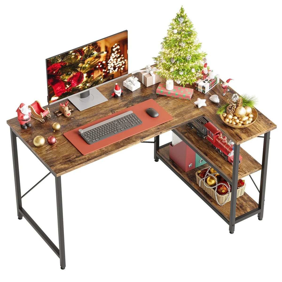 Small L Shaped Computer Desk with Storage Shelves, Compact Corner Workstation for Home Office and Study