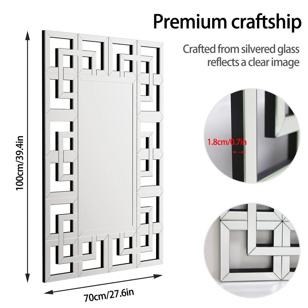 Large Silver Geometric Wall Mirror, Modern Decorative Accent Mirror for Living Room, Bedroom and Entryway