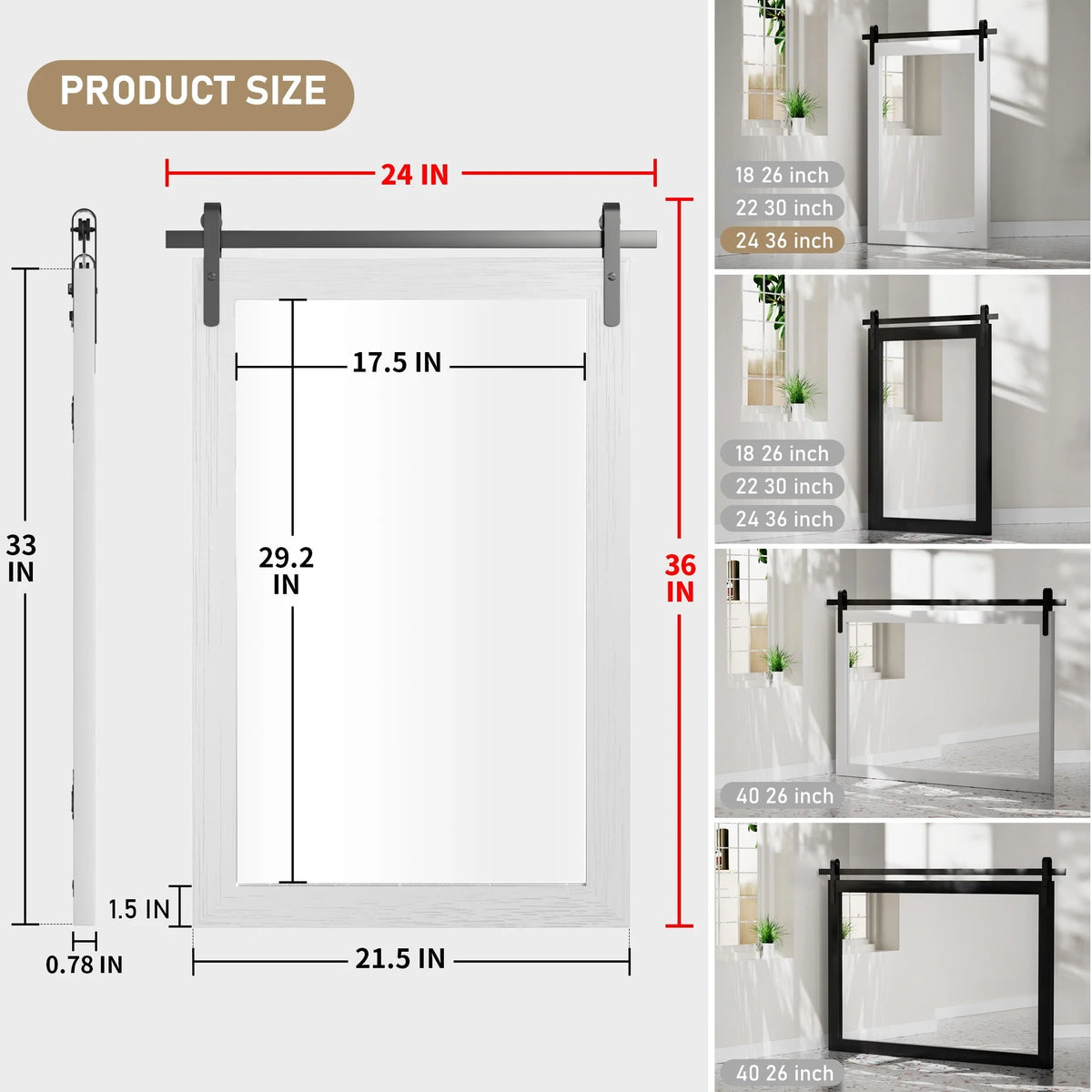 Modern Rectangular Wall Mirror with Wood Frame, Bathroom and Barn Door Mirror, Multiple Sizes