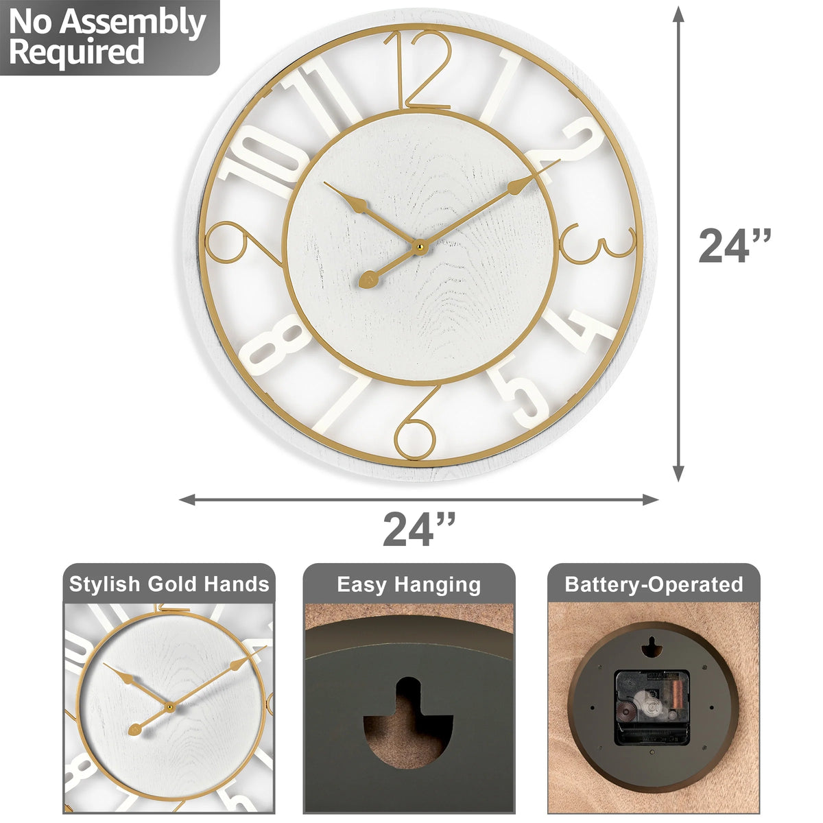 24 Inch Round Wooden Wall Clock, Modern Analog Clock with Numeral Design, Battery Operated