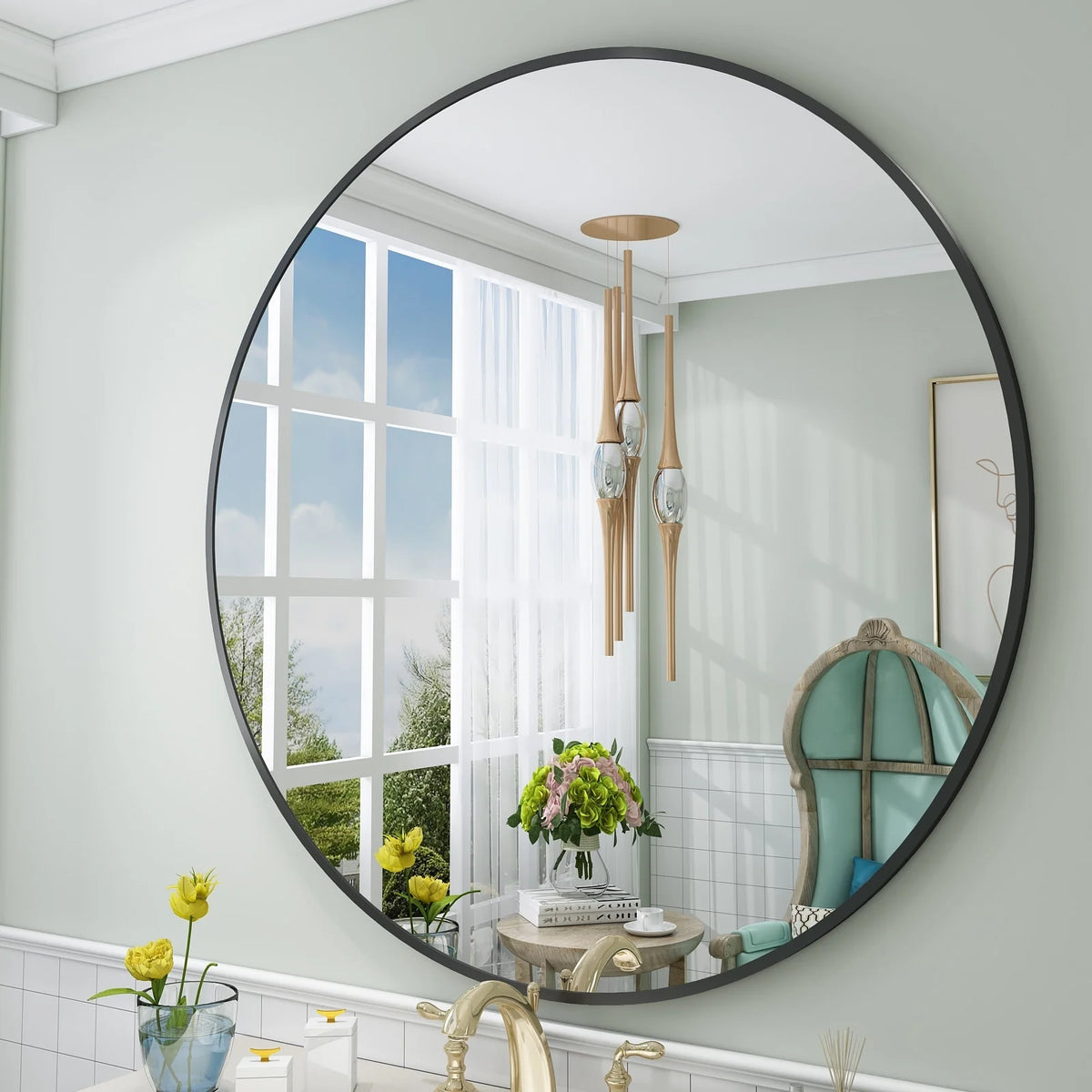 Round Metal Black Frame Bathroom Vanity Mirror, Wall Mounted Decorative Mirror