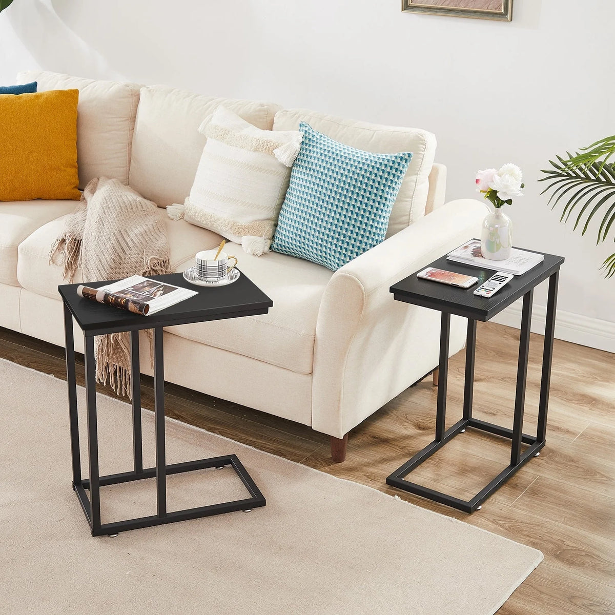 Set of 2 C-Shaped Sofa Side Tables, Small End Tables for Living Room, Bedside and TV Tray