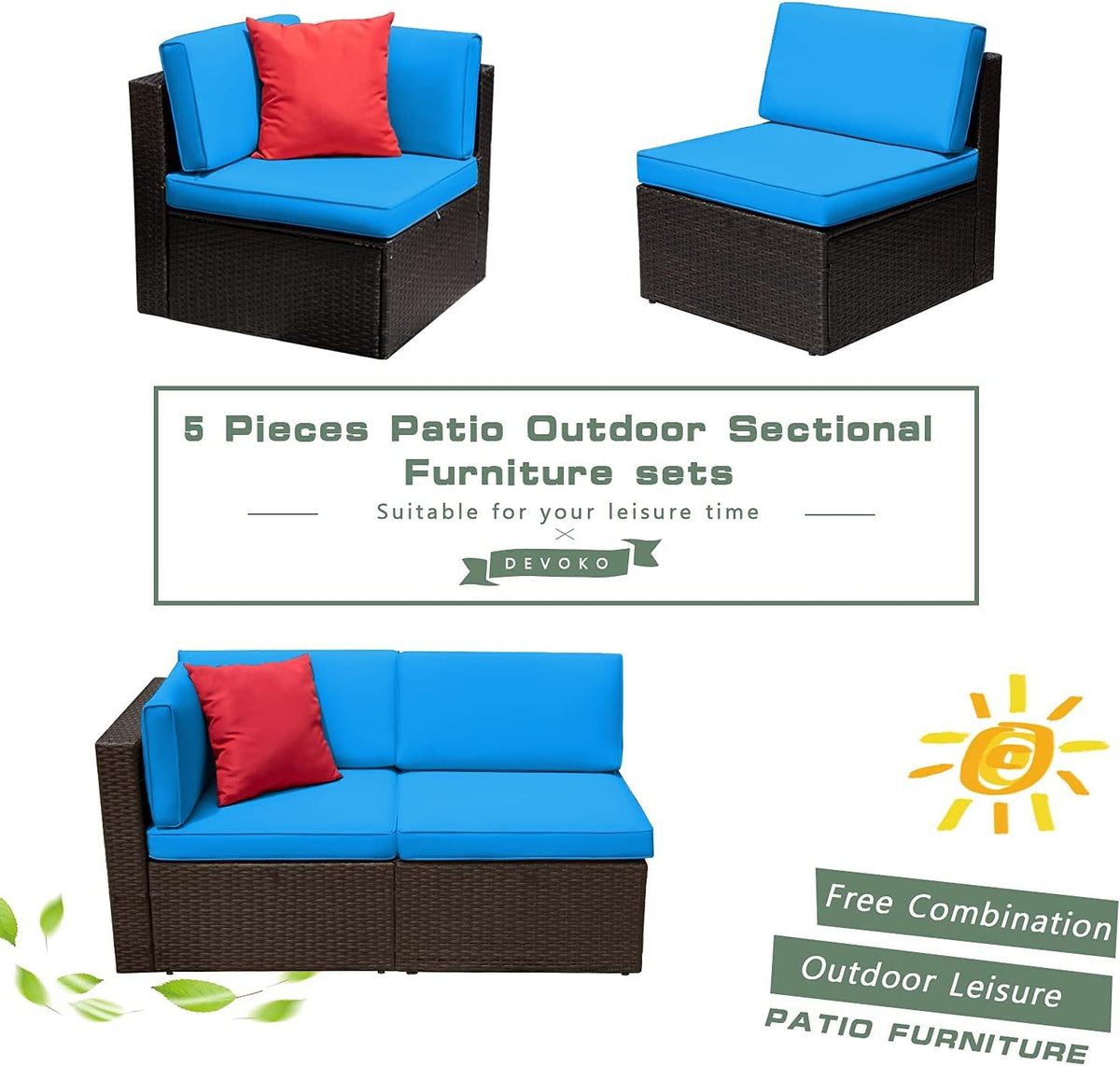 5-Piece All-Weather Patio Furniture Set with Cushions, Outdoor Wicker Conversation Sofa Set for Garden, Deck & Backyard