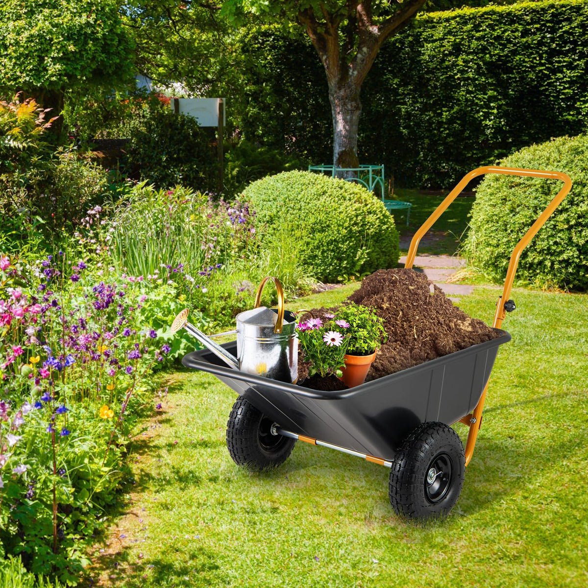 Dual-Wheel Wheelbarrow �� Heavy-Duty Garden Cart with Pneumatic Tires, 330LBS Capacity