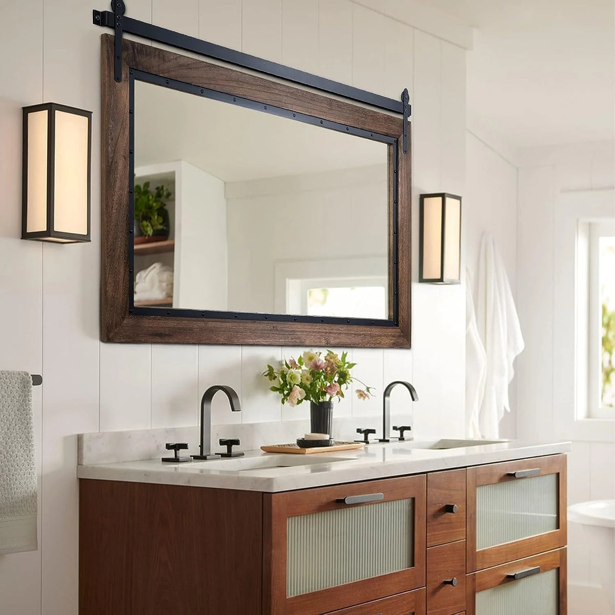 Farmhouse Barn Door Style Bathroom Vanity Mirror, Natural Wood Wall Mirror for Bathroom, Bedroom and Entryway