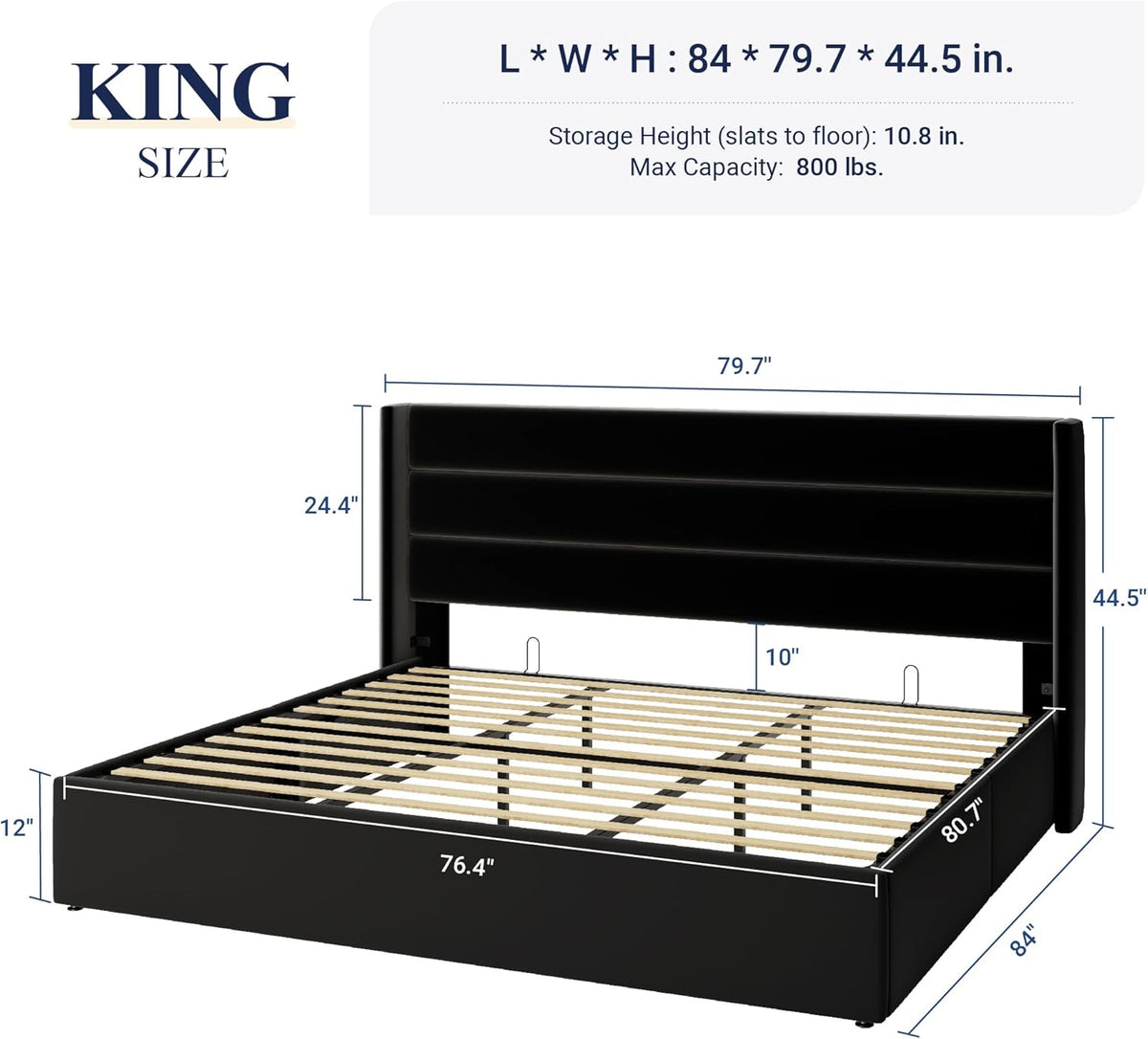 Queen Size Lift Up Storage Bed with Wingback Headboard, Upholstered Platform Bed Frame with Hidden Storage