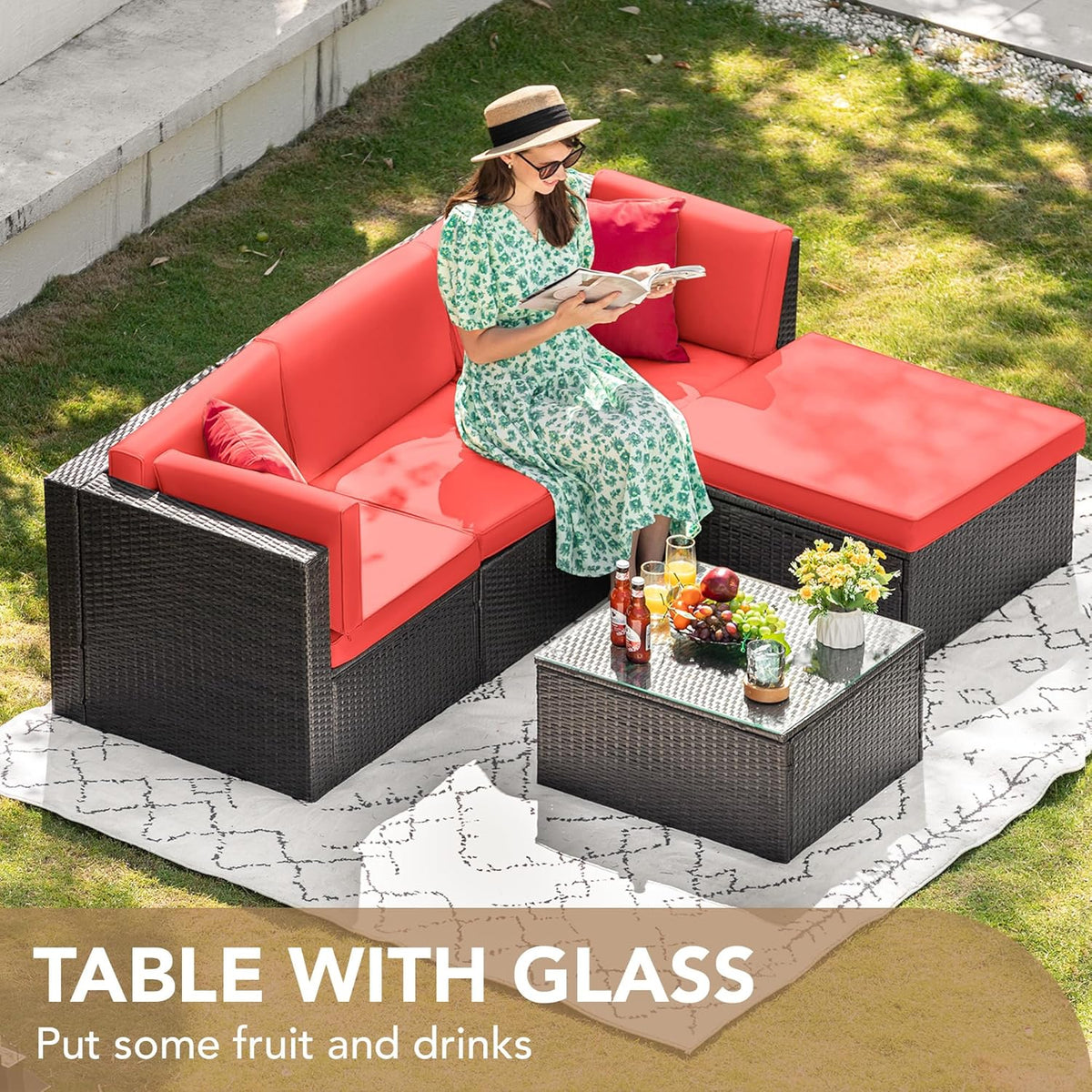 5-Piece All-Weather Patio Furniture Set with Cushions, Outdoor Wicker Conversation Sofa Set for Garden, Deck & Backyard
