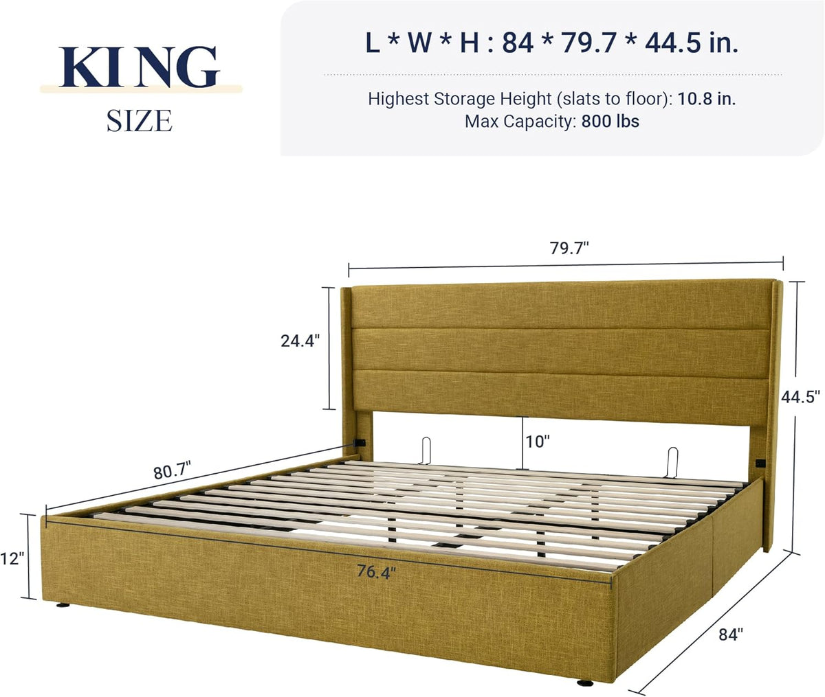 Queen Size Lift Up Storage Bed with Wingback Headboard, Upholstered Platform Bed Frame with Hidden Storage