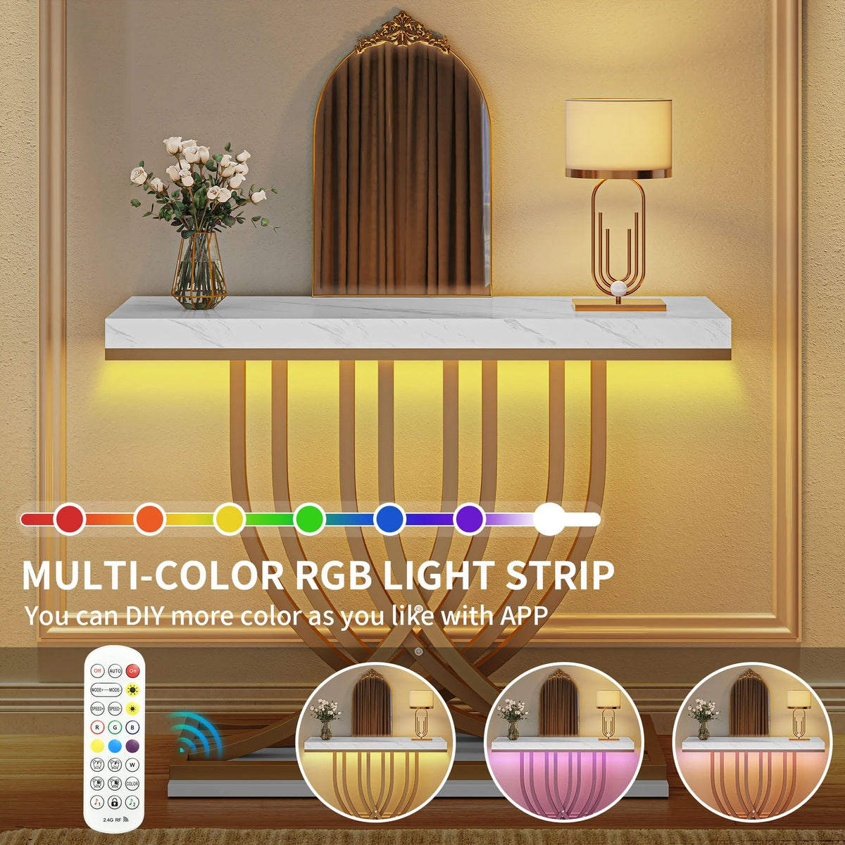 Modern Gold Console Table with Marbled Top, Sofa Table for Entryway and Hallway