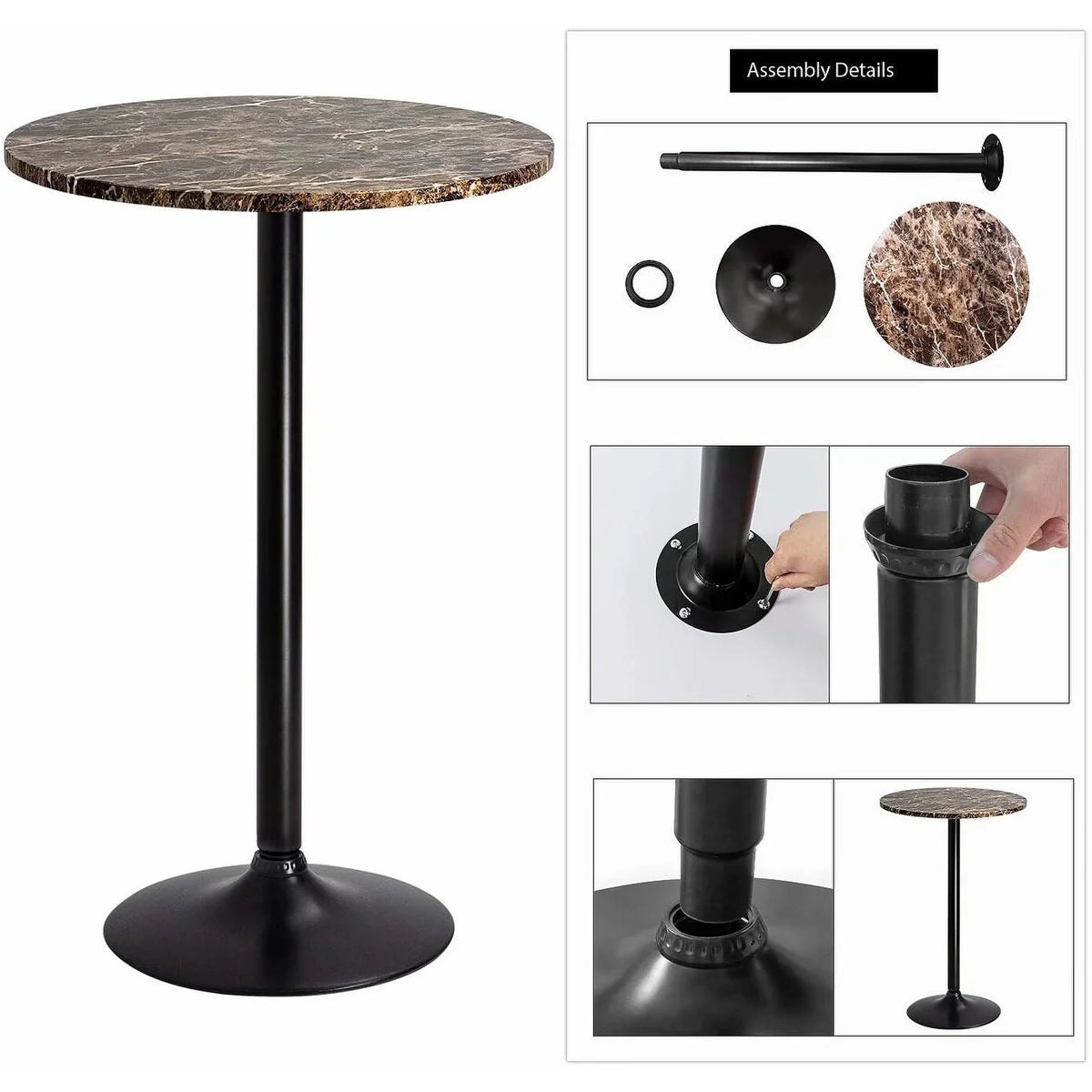 Round Bistro Pub Table, Bar Height Cocktail Table with Metal Base and MDF Top, 23.8 Inch