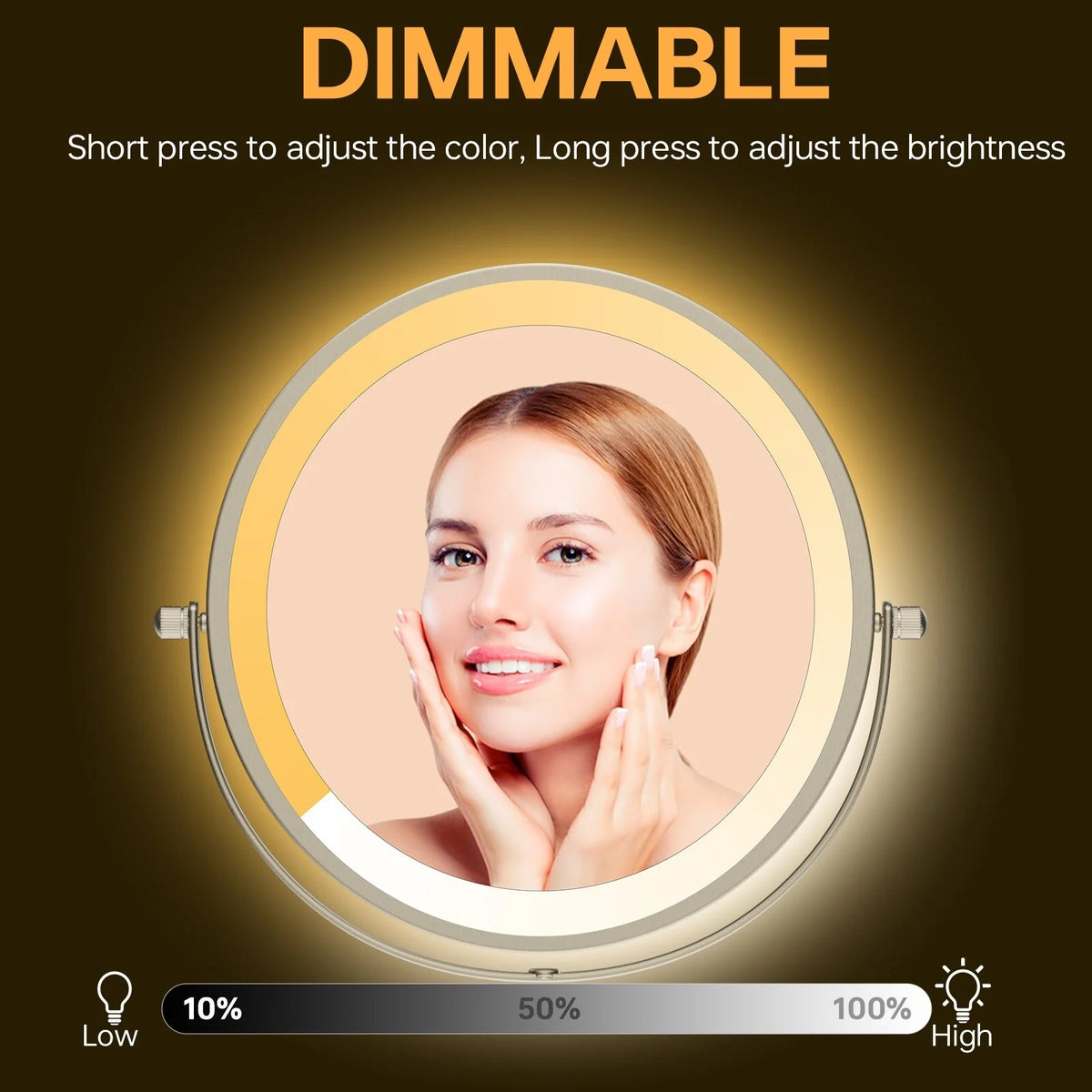 8 Inch Round Wall Mounted Makeup Mirror, Rechargeable, 1X/10X Magnification, 3-Color LED Lights