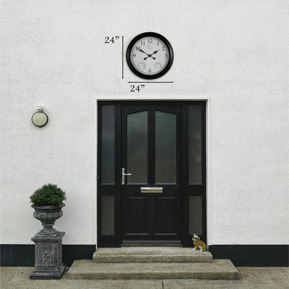 Large Outdoor Wall Clock with Thermometer, Waterproof Silent Garden Weather Station, Black