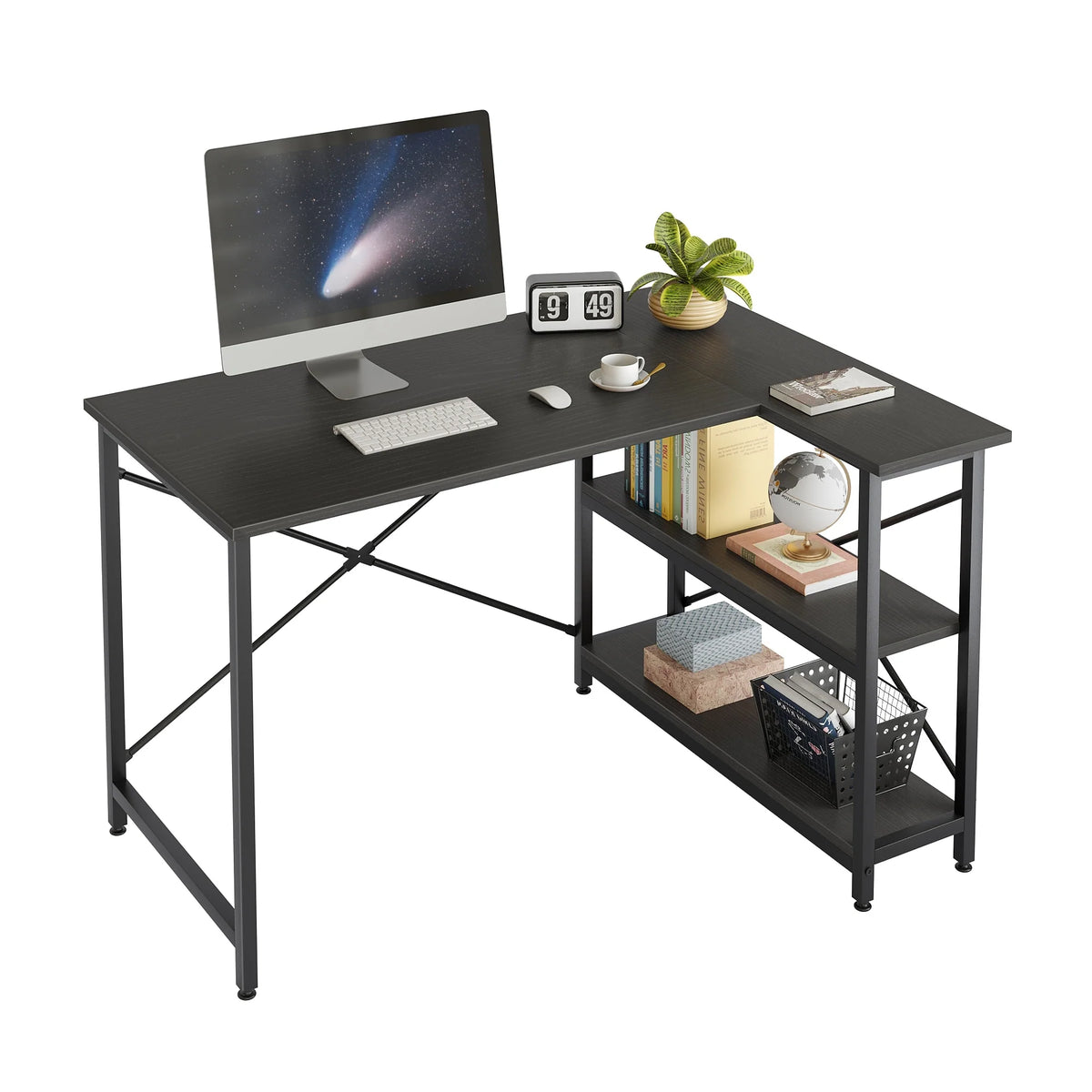 Small L Shaped Computer Desk with Storage Shelves, Compact Corner Workstation for Home Office and Study