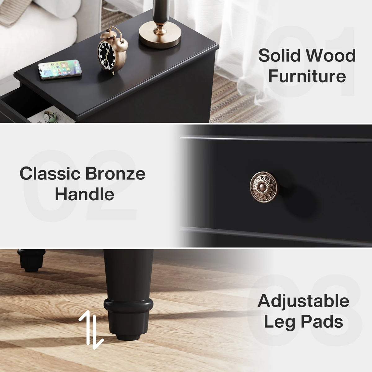 Fully Assembled Narrow End Table, Solid Wood Side Table with 3 Drawers, Vintage Nightstand for Small Spaces