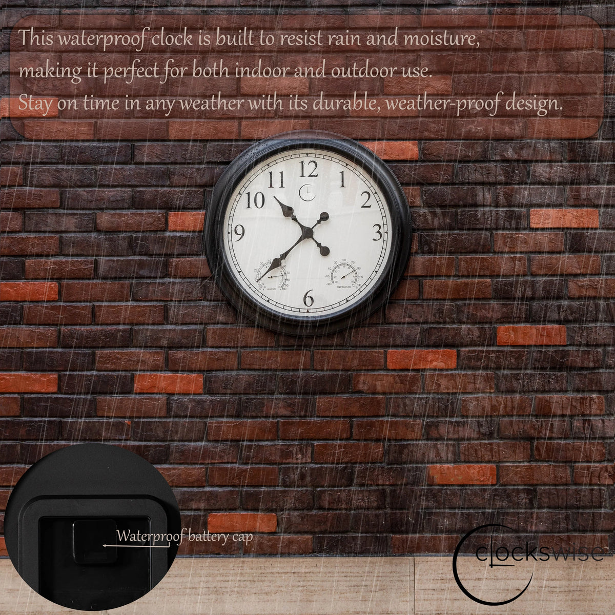 Large Outdoor Wall Clock with Thermometer, Waterproof Silent Garden Weather Station, Black