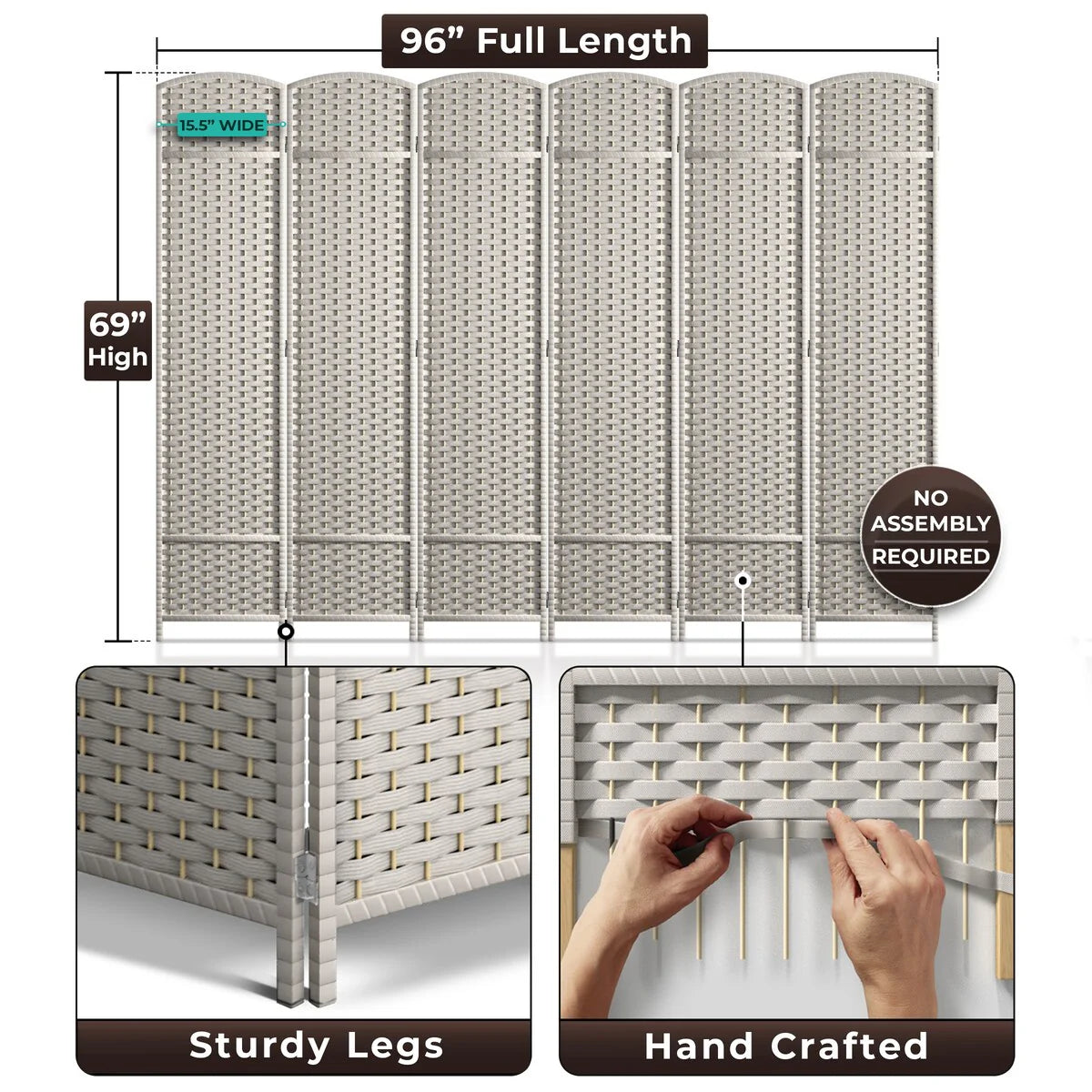 6 Panel Room Divider, 6ft Tall Extra Wide Folding Privacy Screen with Hand-Woven Mesh Panels