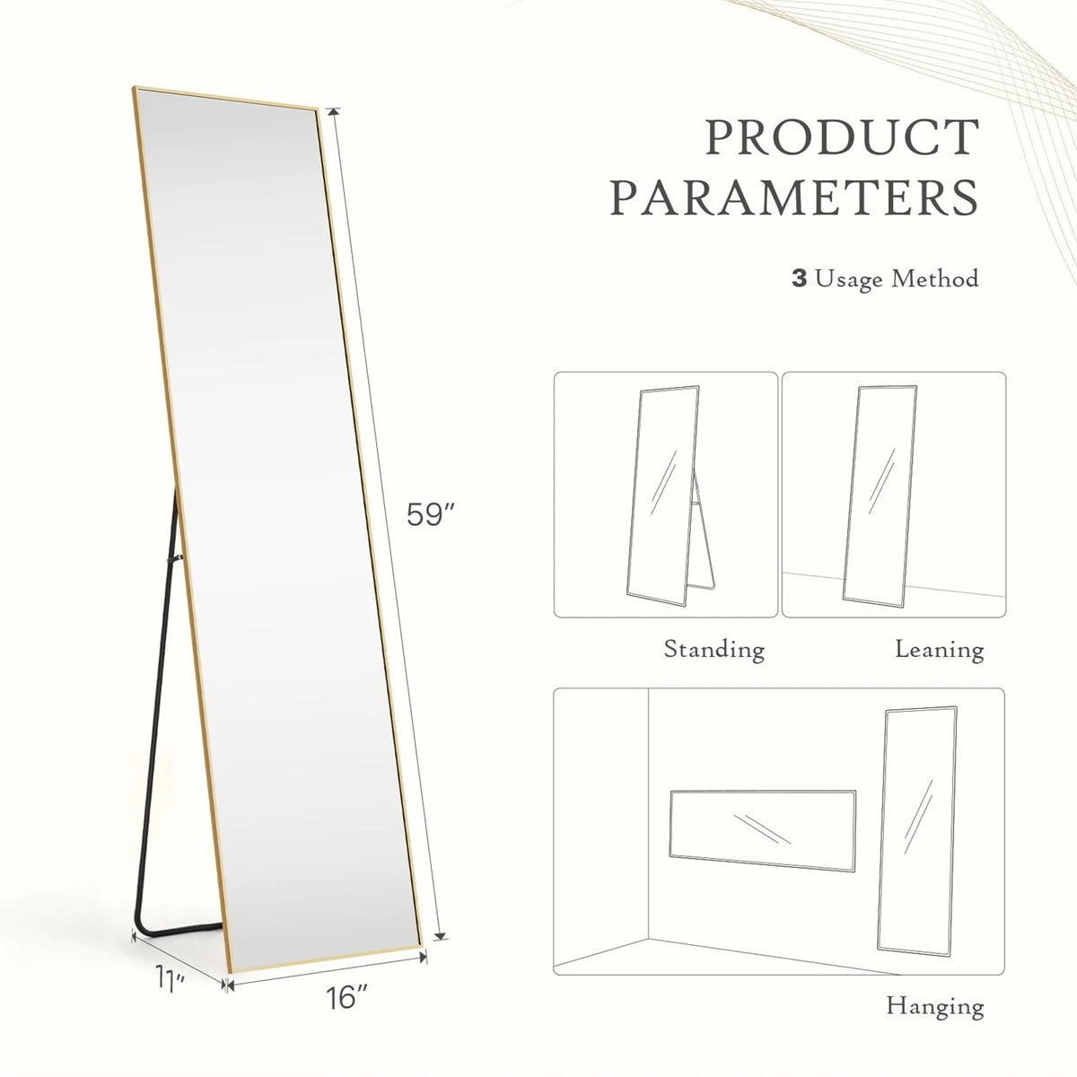 Full Length Mirror with Stand, Aluminum Alloy Frame Full Body Floor Mirror for Bedroom and Cloakroom