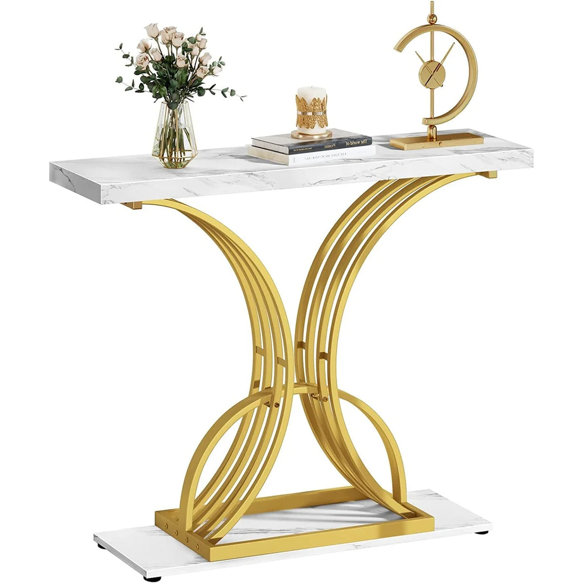 Modern Gold Console Table with Marbled Top, Sofa Table for Entryway and Hallway