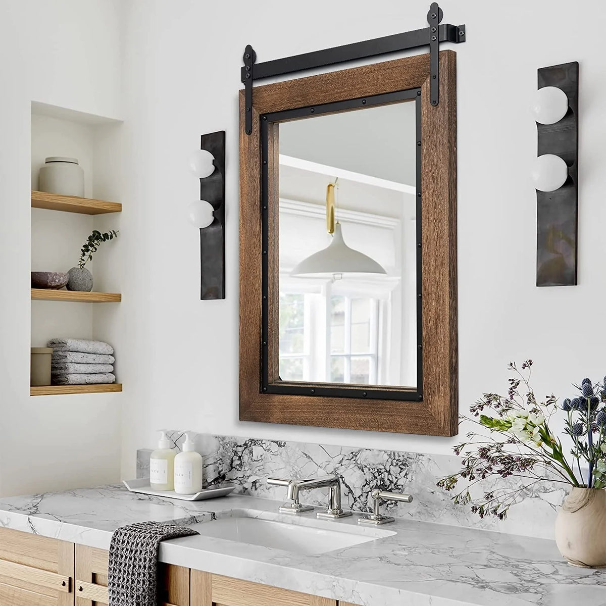 Farmhouse Barn Door Style Bathroom Vanity Mirror, Natural Wood Wall Mirror for Bathroom, Bedroom and Entryway