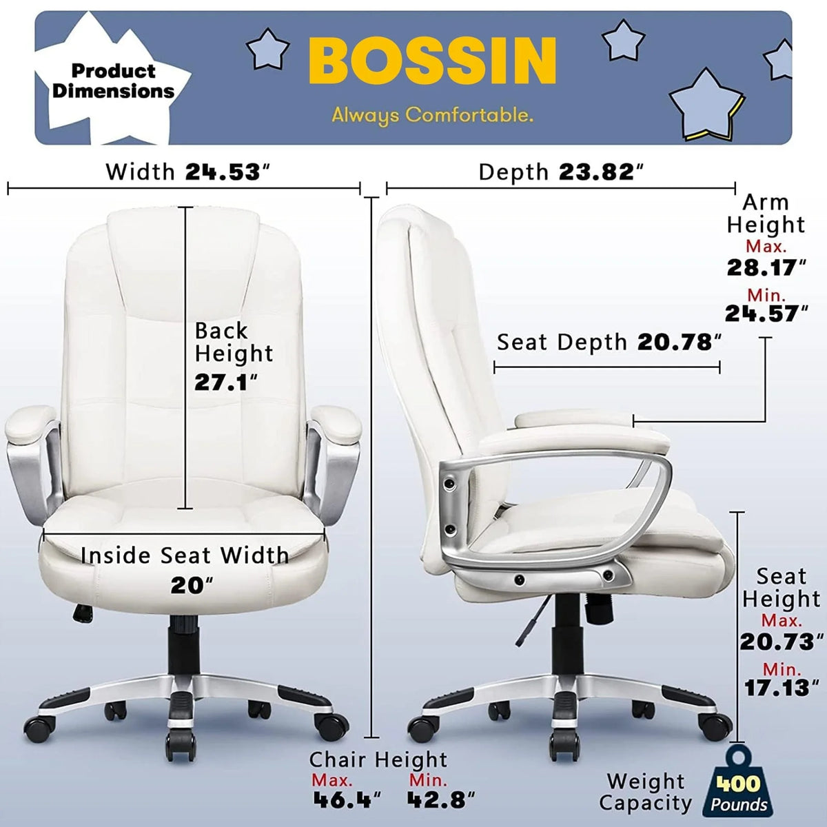 Big and Tall Executive Office Chair, High Back Ergonomic Leather Chair, 400 lb Capacity