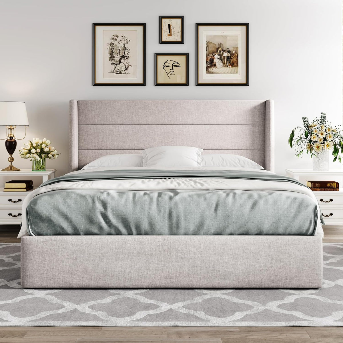 Queen Size Lift Up Storage Bed with Wingback Headboard, Upholstered Platform Bed Frame with Hidden Storage