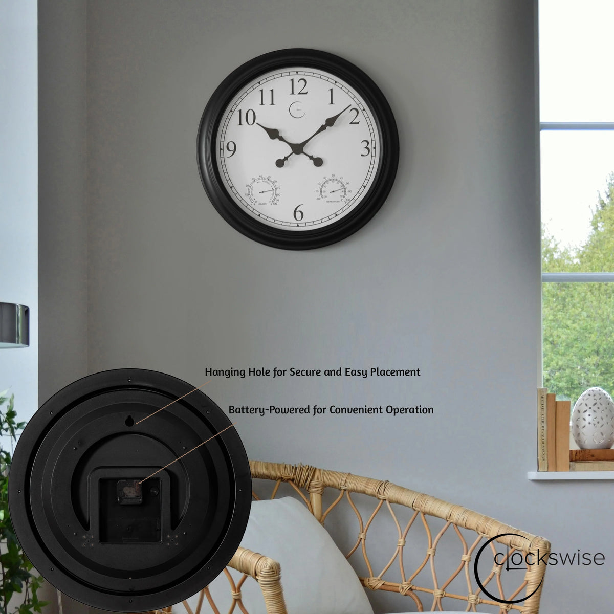 Large Outdoor Wall Clock with Thermometer, Waterproof Silent Garden Weather Station, Black