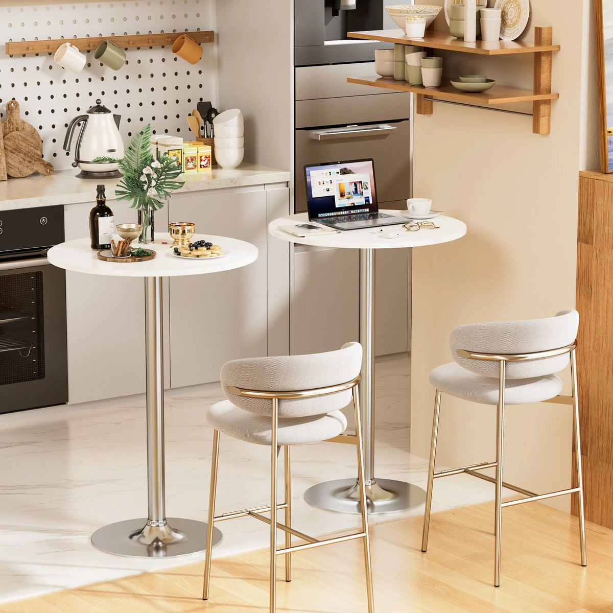 Round Bistro Pub Table, Bar Height Cocktail Table with Metal Base and MDF Top, 23.8 Inch