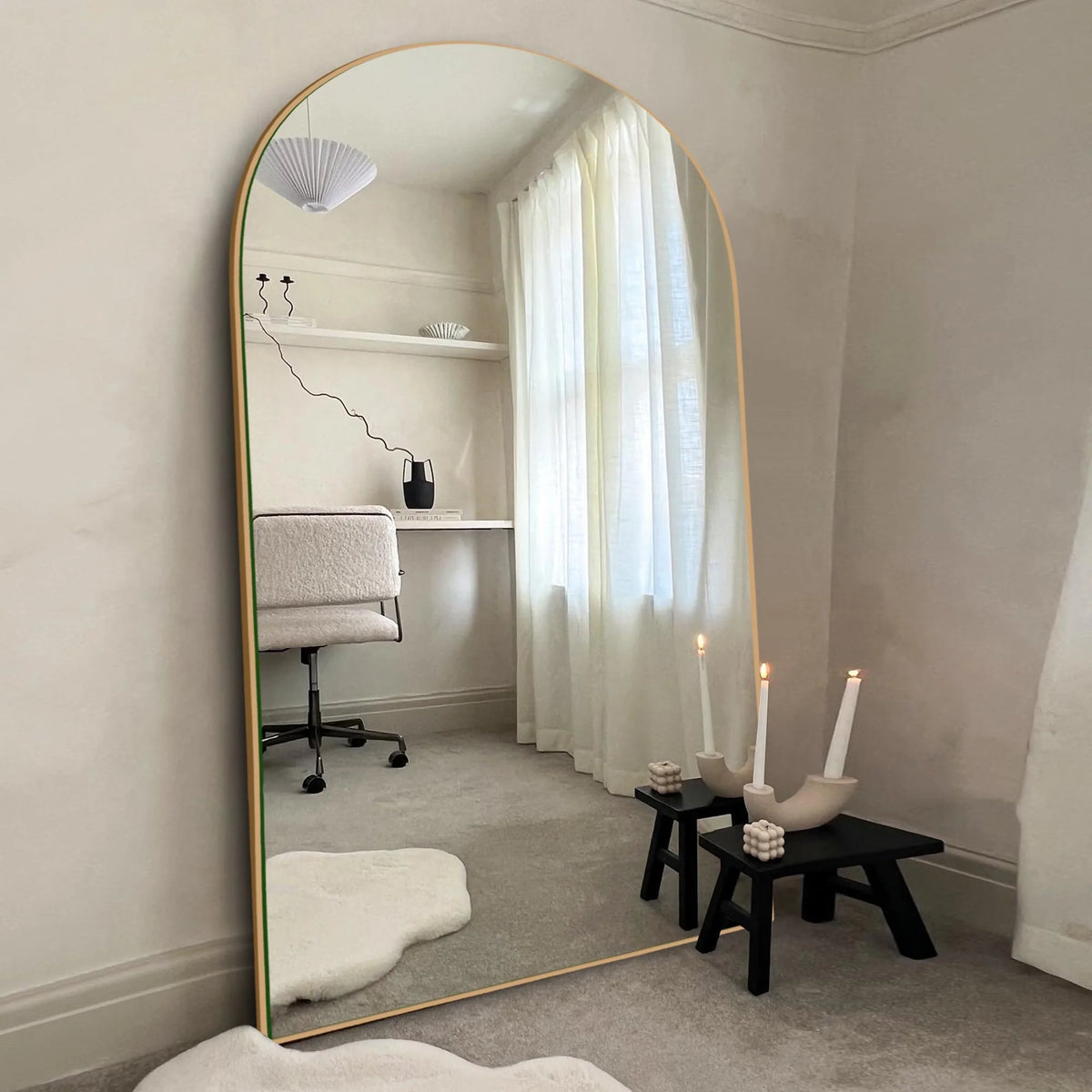 Arched Full Length Wood Floor Mirror, Full Body Standing and Wall Mounted Mirror for Bedroom, Living Room and Home Decor