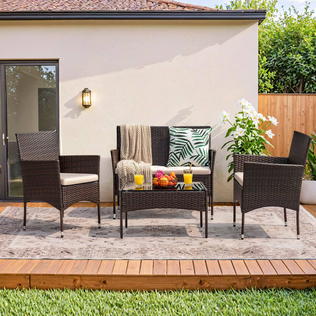 4-Piece Outdoor Patio Furniture Set, Rattan Wicker Chairs and Outdoor Seating Set