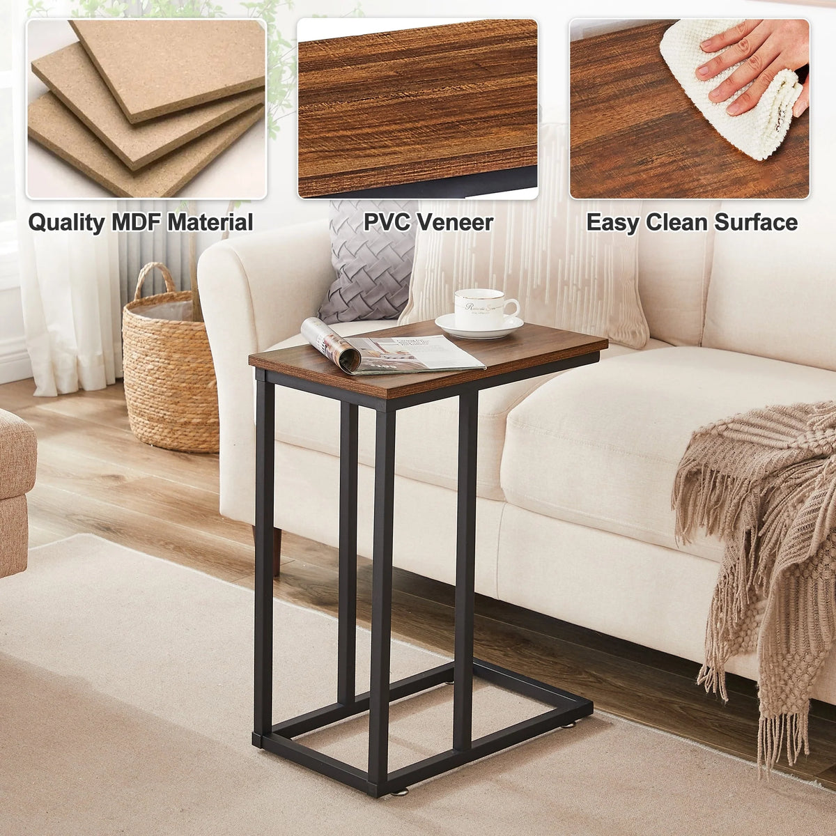 Set of 2 C-Shaped Sofa Side Tables, Small End Tables for Living Room, Bedside and TV Tray