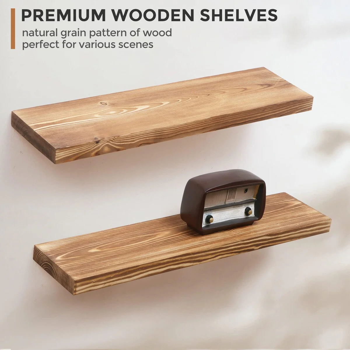 Set of 2 Handcrafted European Pine Floating Wall Shelves, Natural Rustic Wood