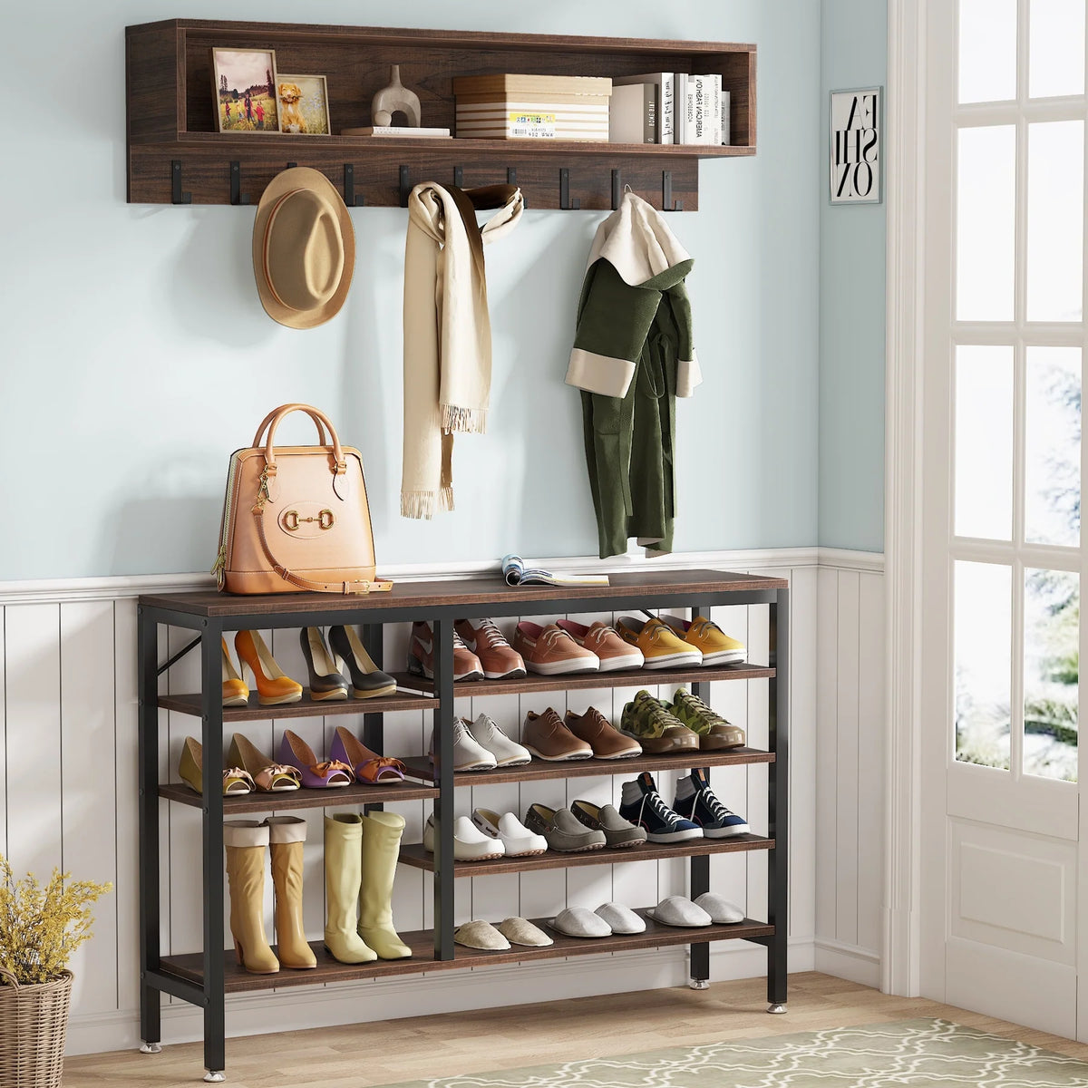 Entryway Coat Rack and Shoe Bench Set, Industrial Hall Tree with Coat and Shoe Storage