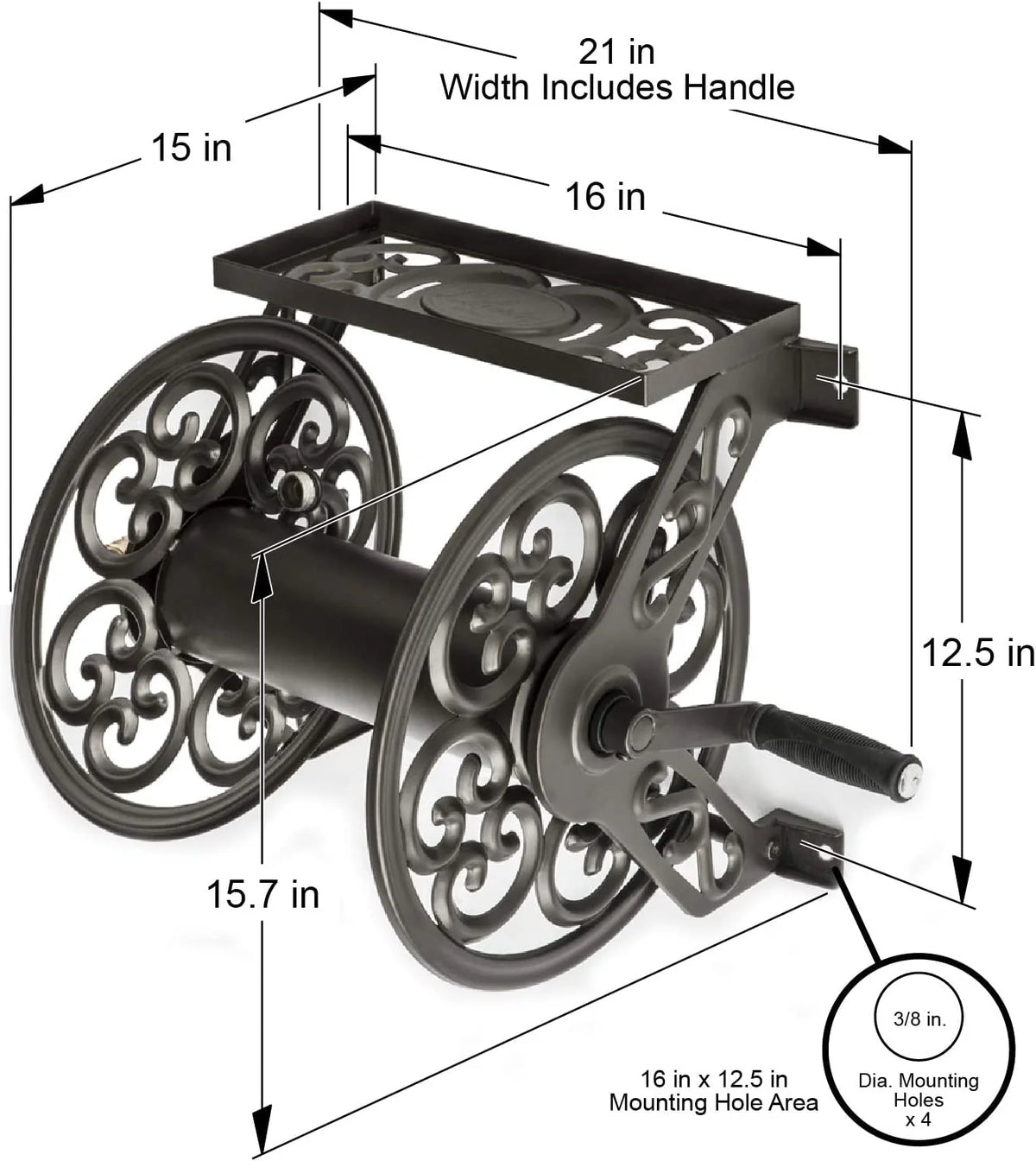 Steel Decorative Wall-Mount Garden Hose Reel, Bronze Outdoor Hose Storage Holder