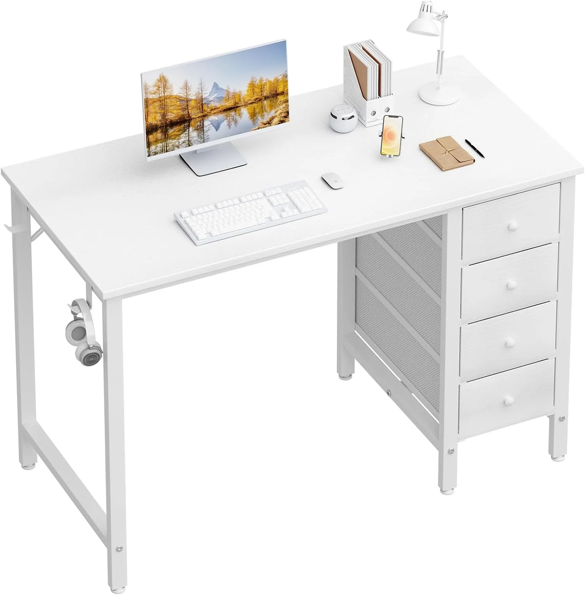 40 Inch Small White Desk with Fabric Drawers, Compact Computer Writing Desk for Home Office, Bedroom and Study