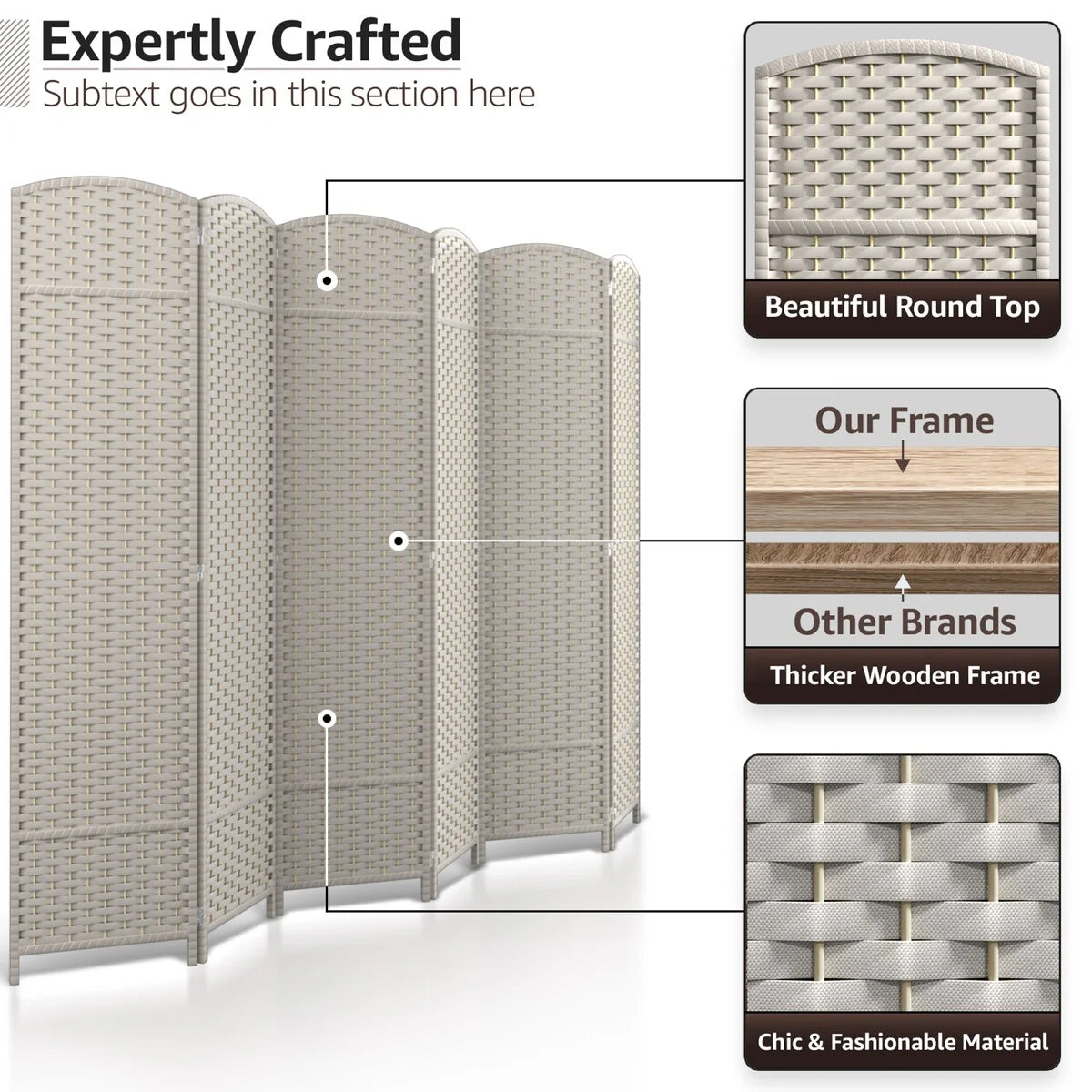 6 Panel Room Divider, 6ft Tall Extra Wide Folding Privacy Screen with Hand-Woven Mesh Panels