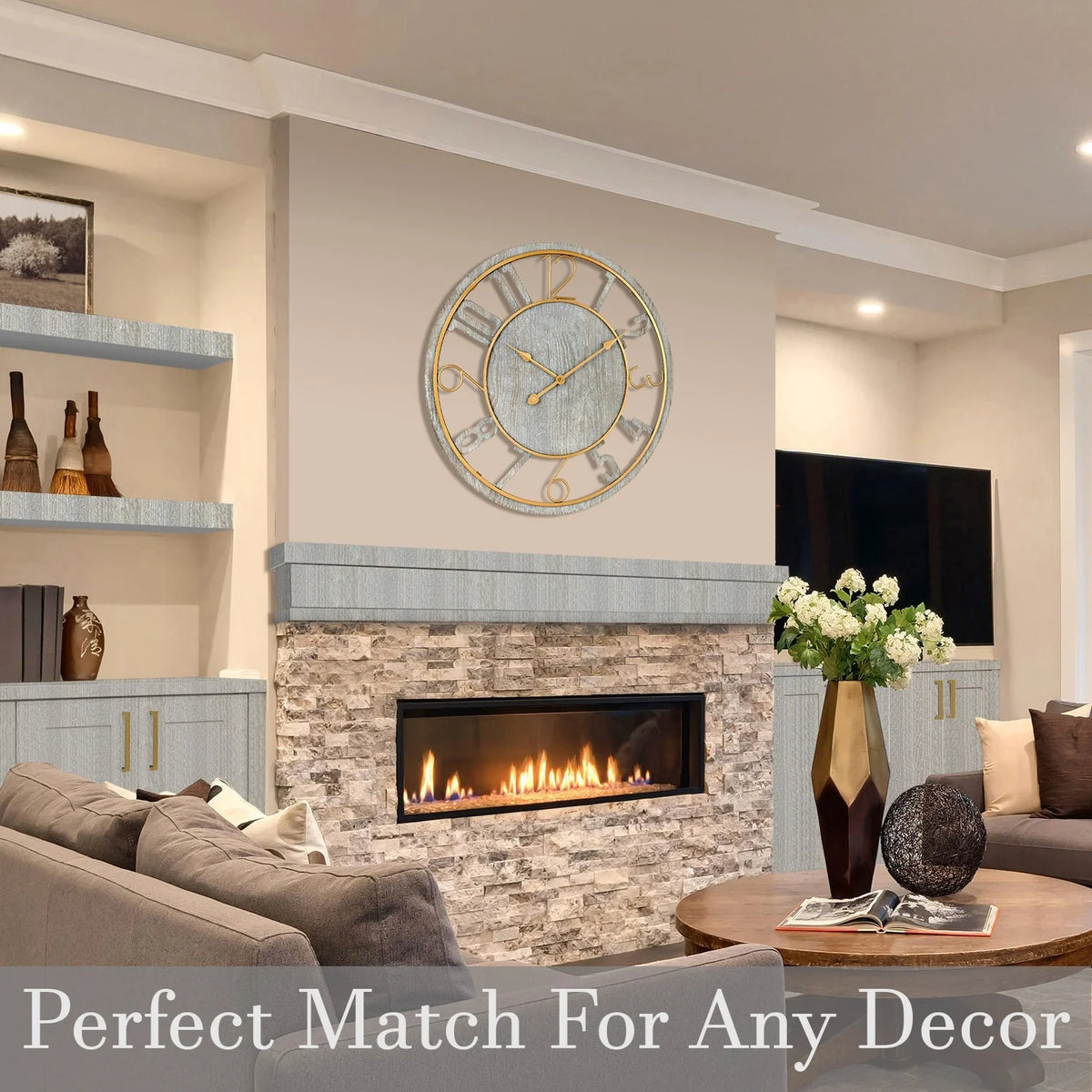 24 Inch Round Wooden Wall Clock, Modern Analog Clock with Numeral Design, Battery Operated