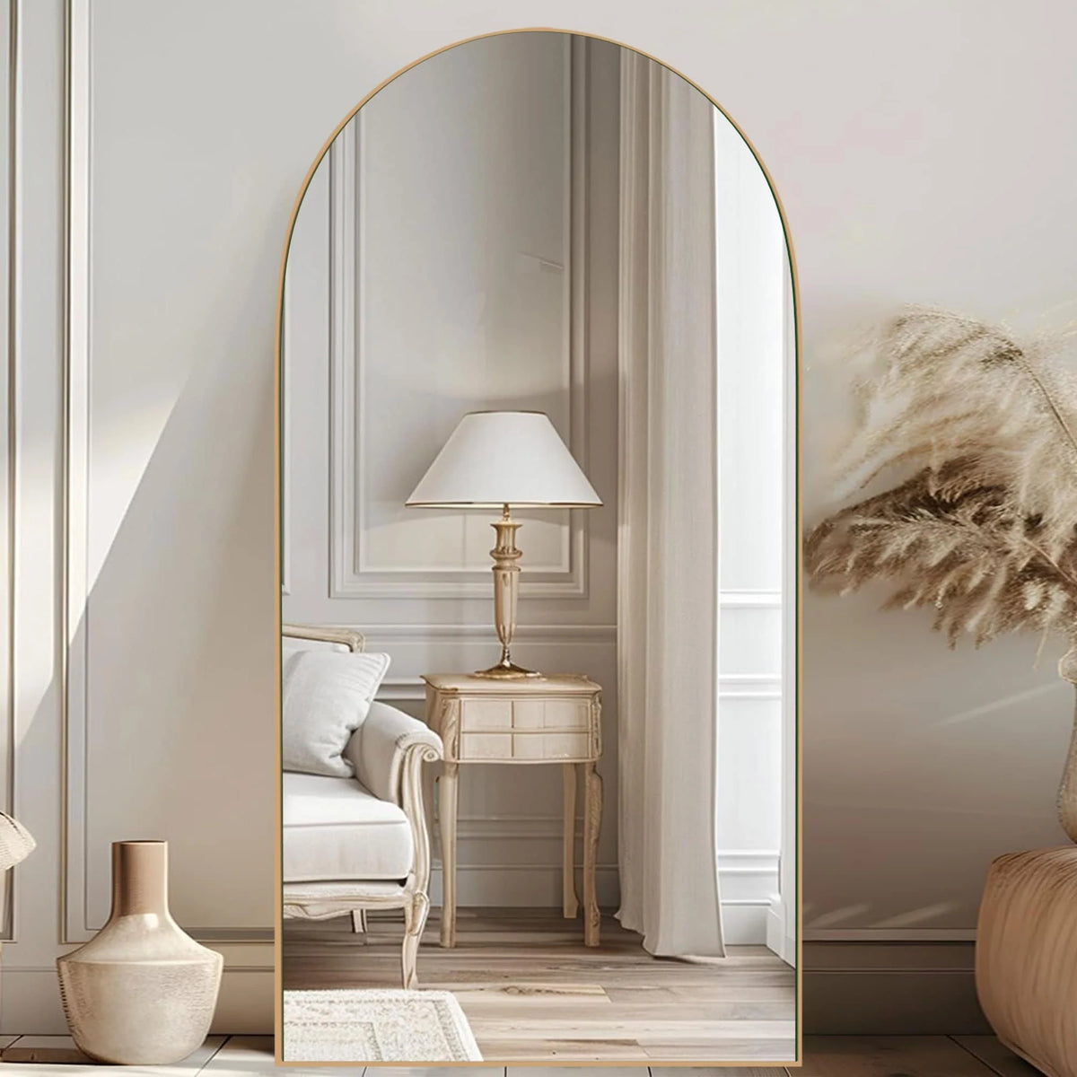 Arched Full Length Wood Floor Mirror, Full Body Standing and Wall Mounted Mirror for Bedroom, Living Room and Home Decor